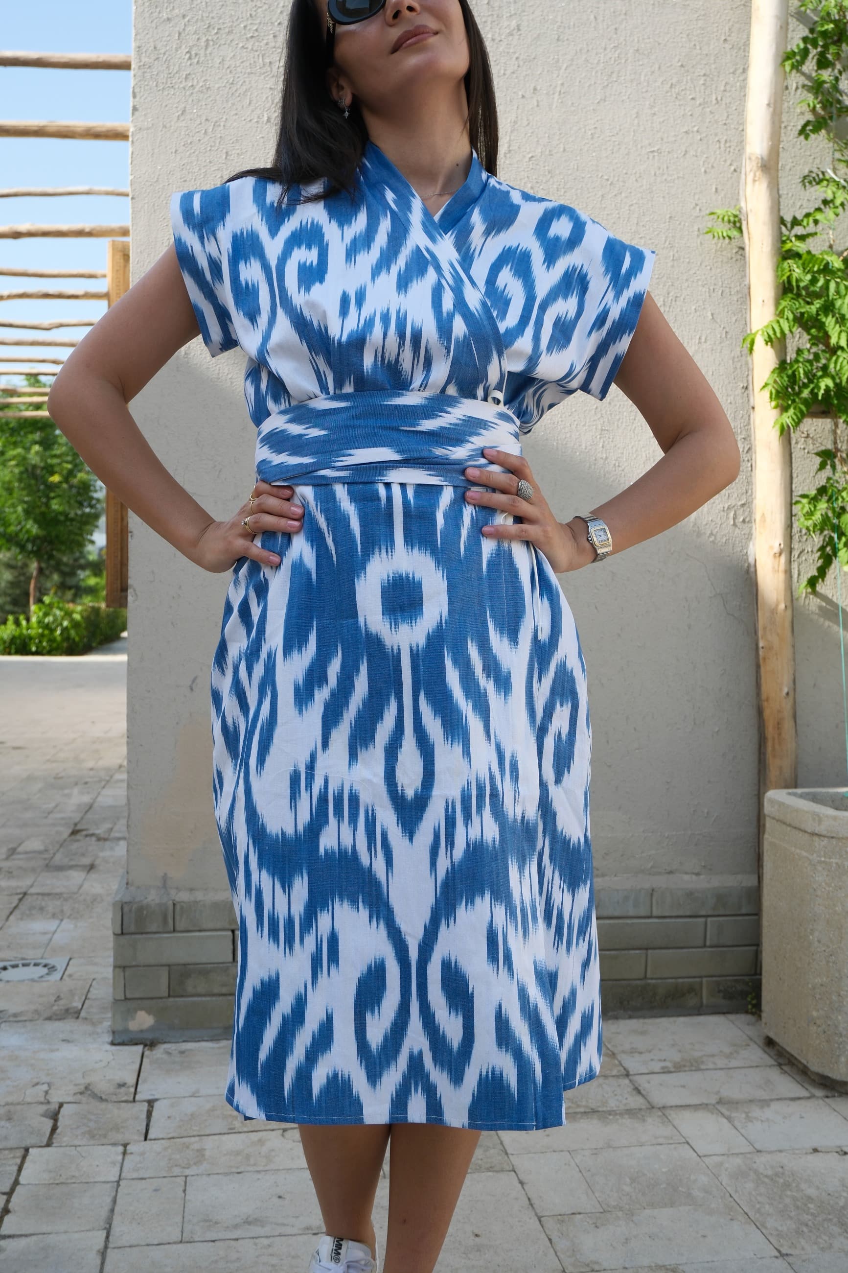 Handwoven Uzbek Ikat Wrap Midi Dress - Blue & White