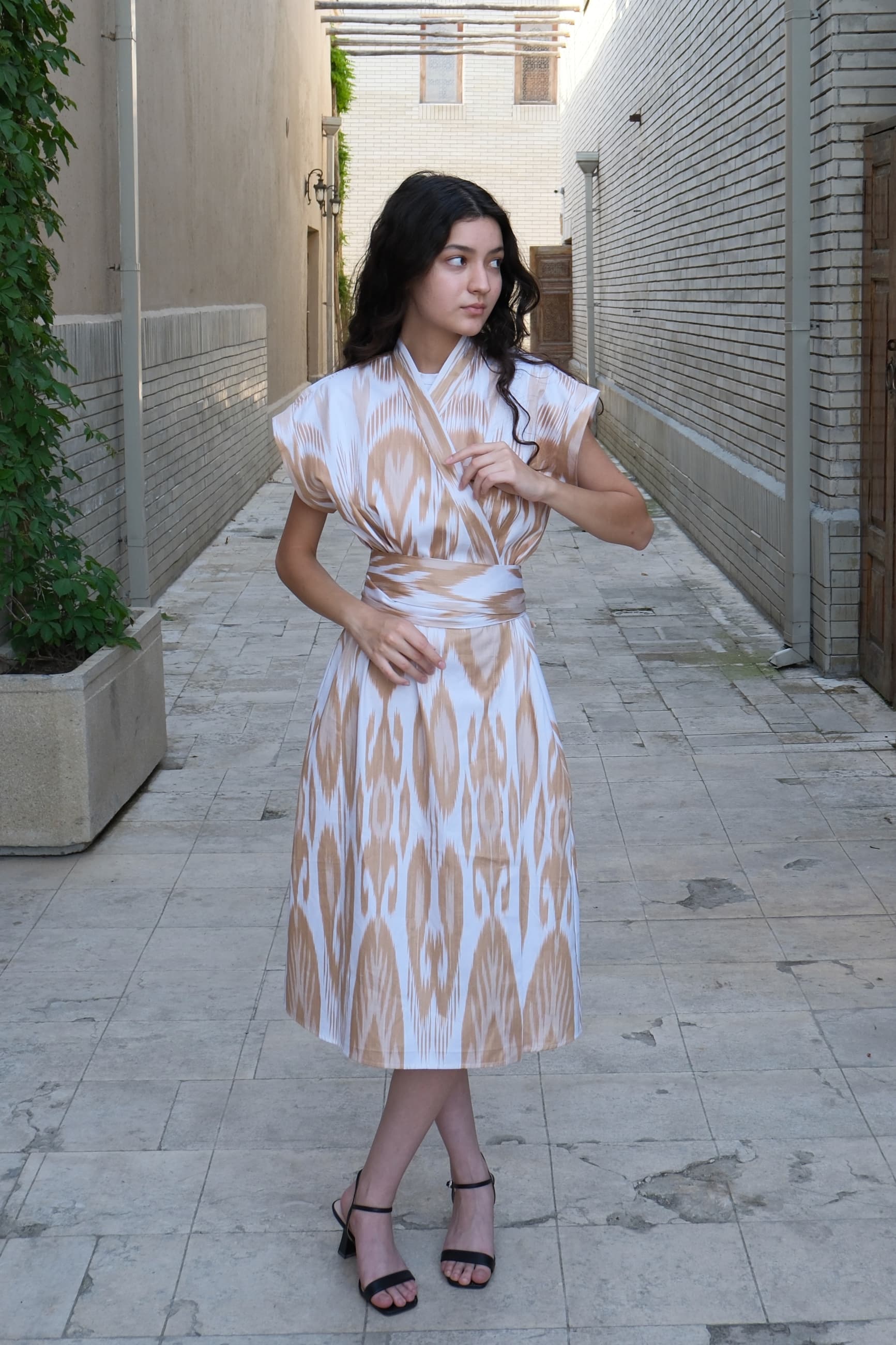 Handwoven Uzbek Ikat Wrap Midi Dress - Sand & White