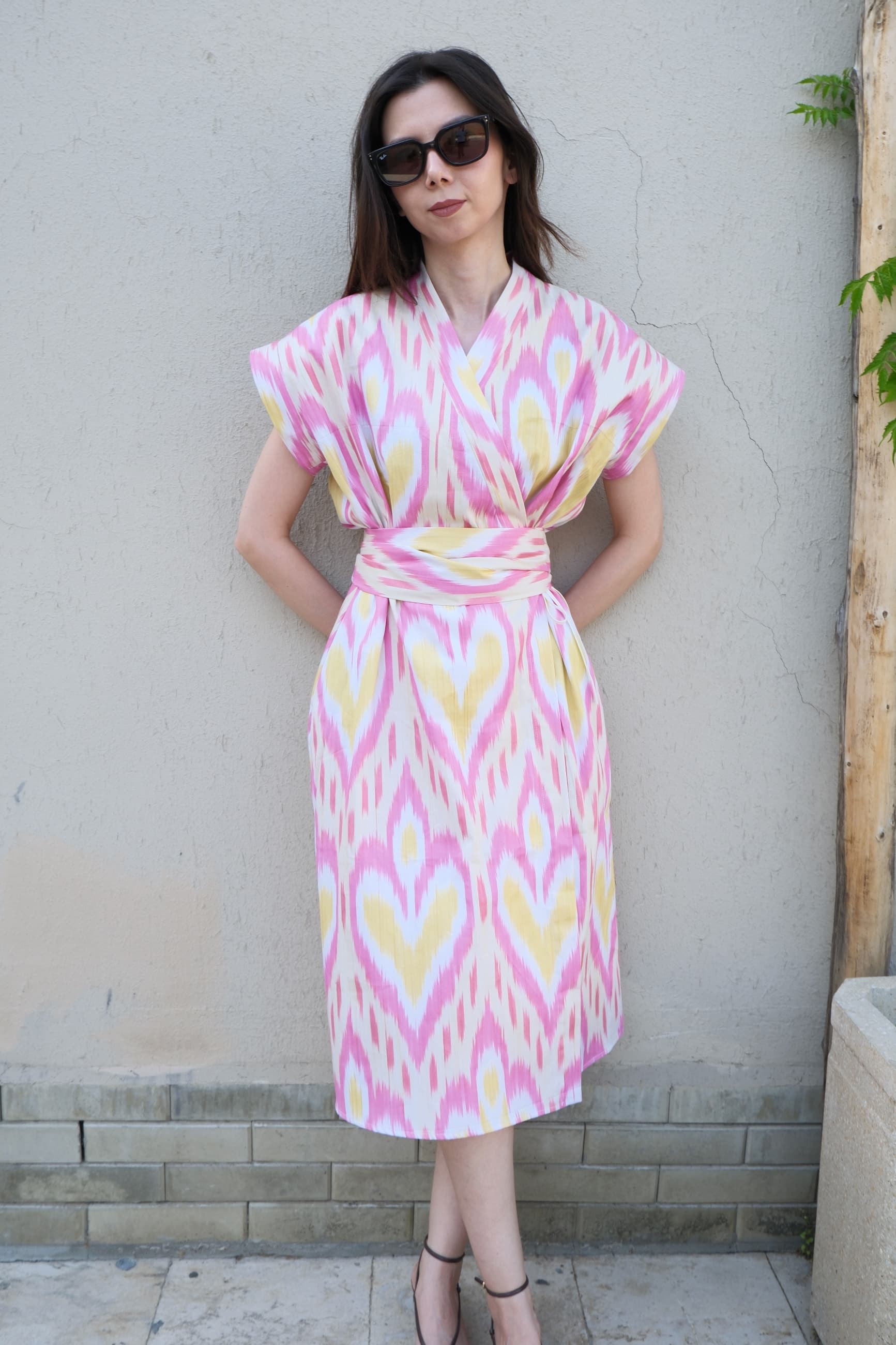 Handwoven Uzbek Ikat Wrap Midi Dress - Pink & Yellow