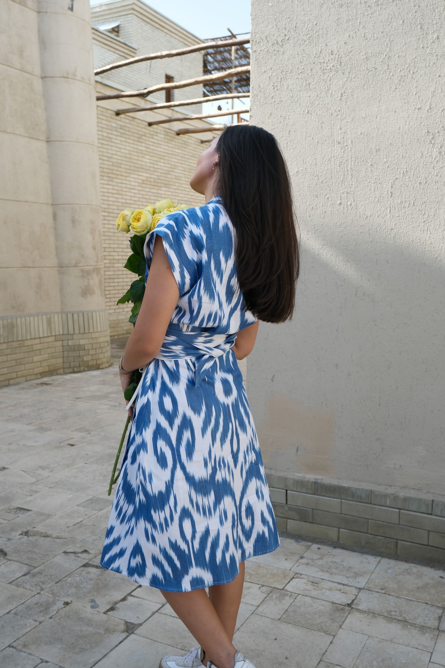Handwoven Uzbek Ikat Wrap Midi Dress - Blue & White - Image 2