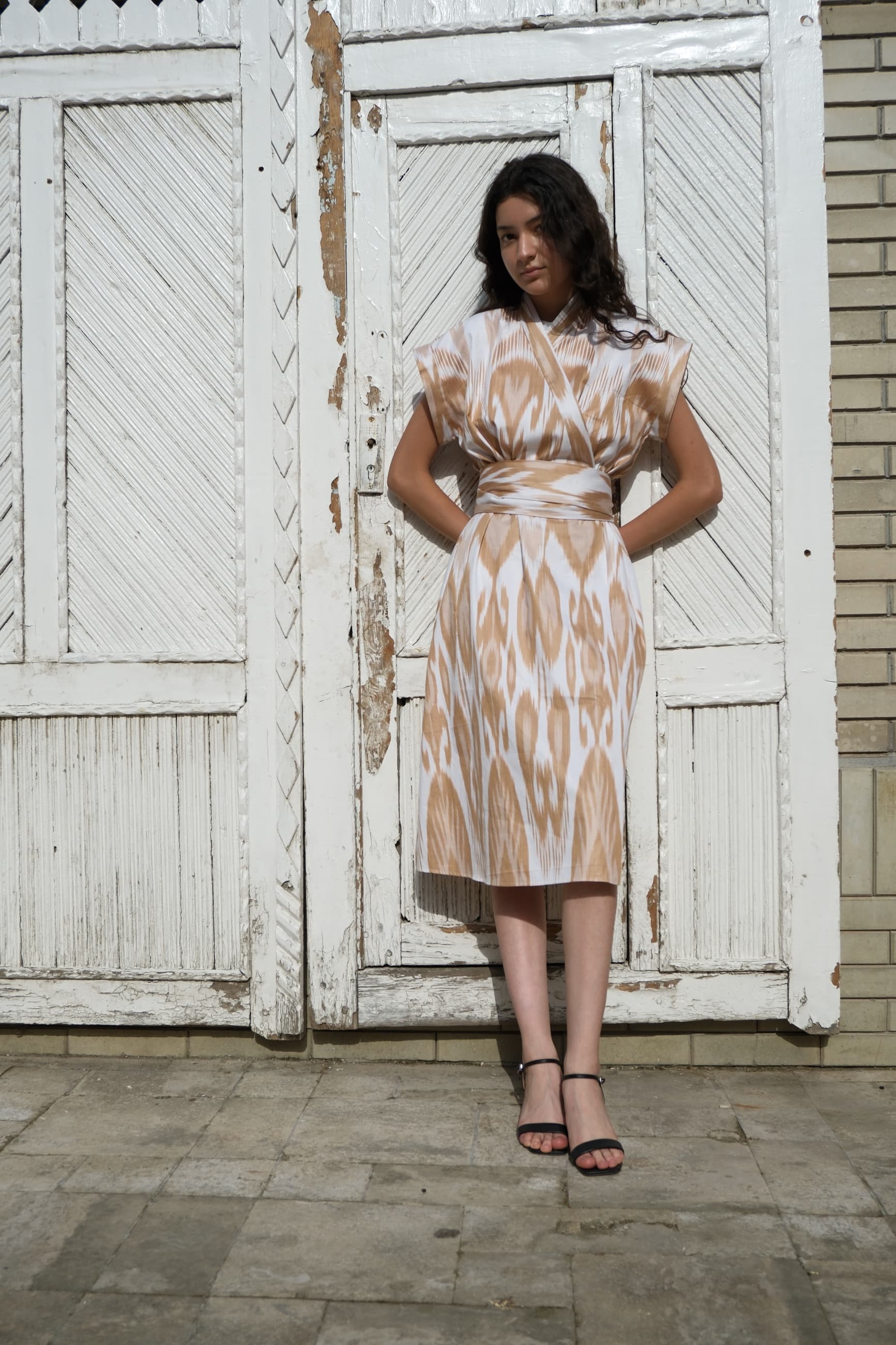 Handwoven Uzbek Ikat Wrap Midi Dress - Sand & White - Image 6