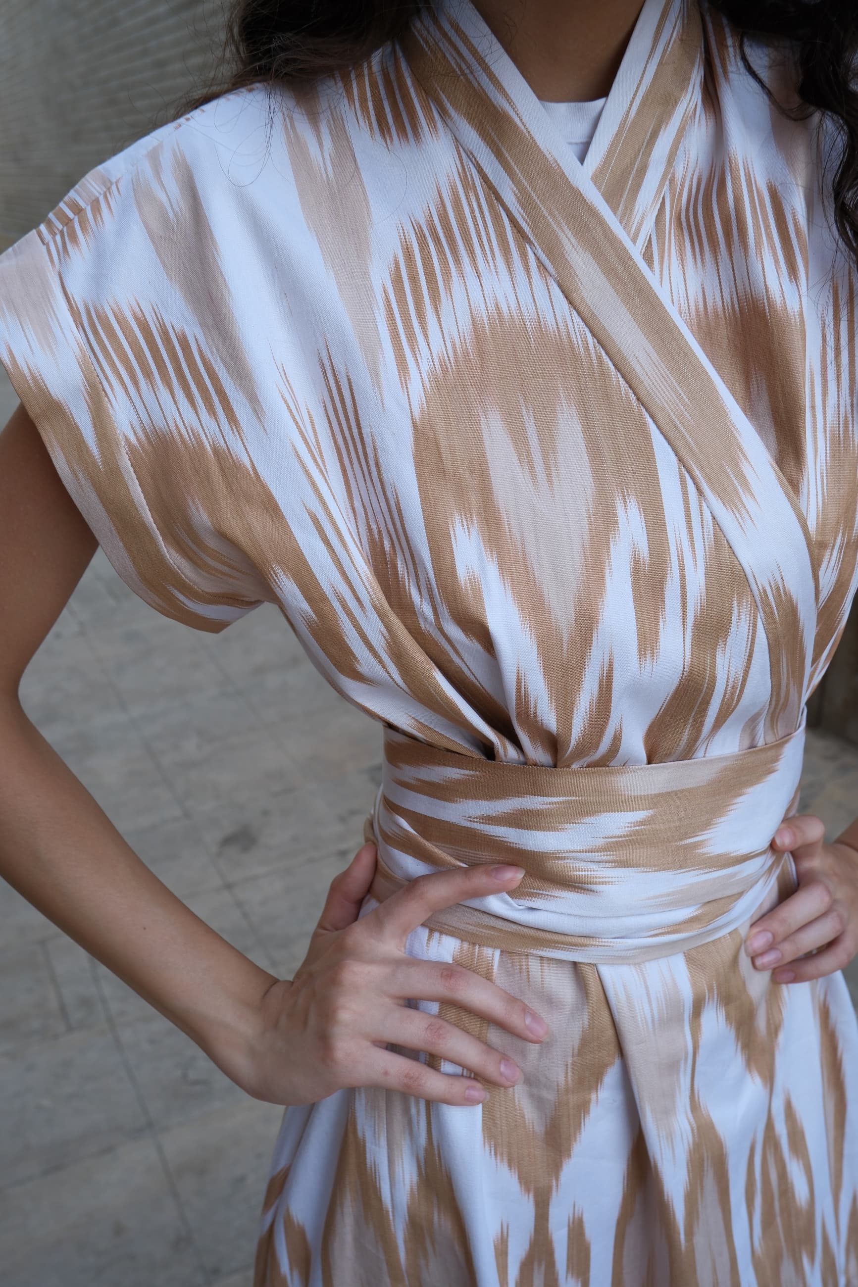 Handwoven Uzbek Ikat Wrap Midi Dress - Sand & White - Image 3