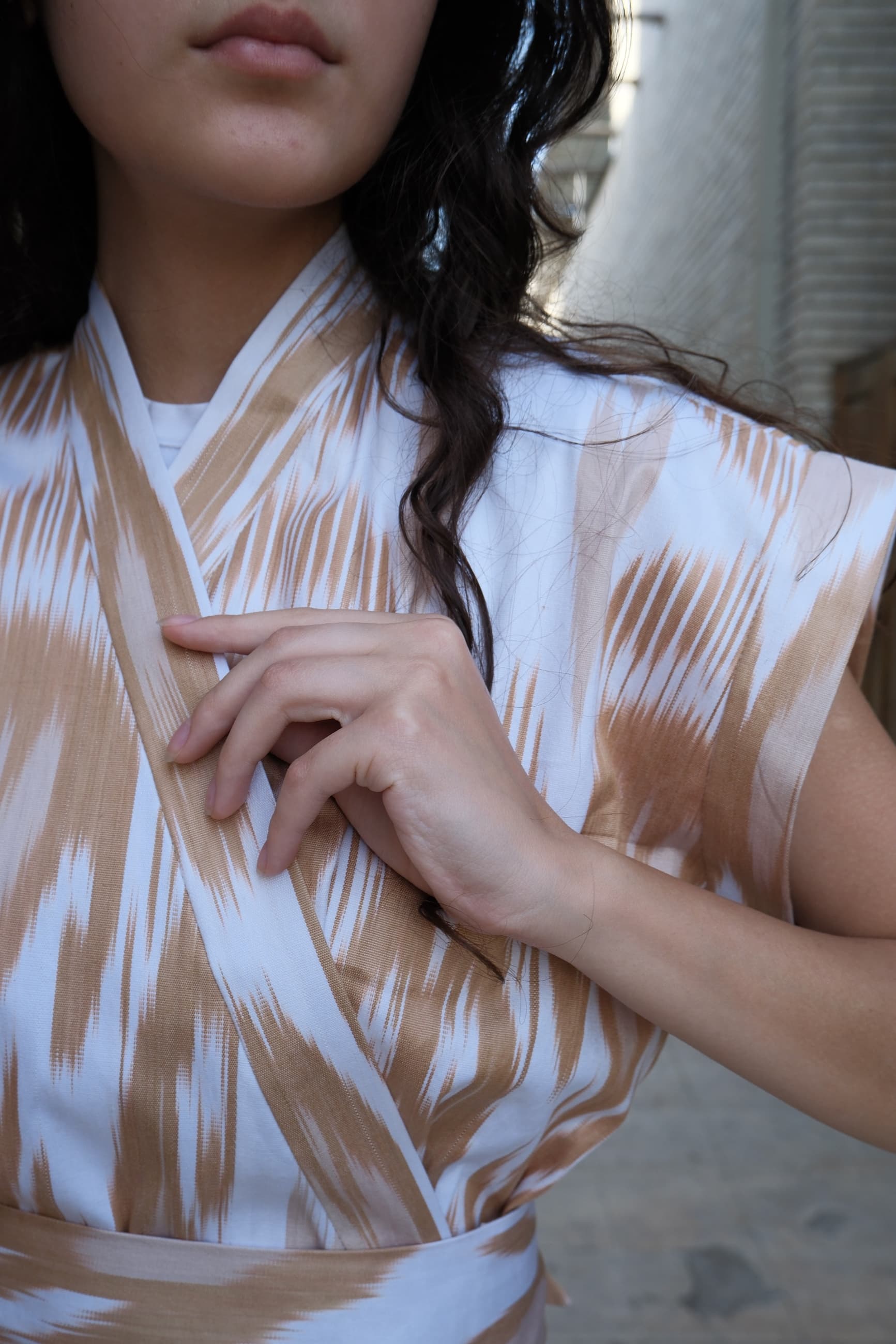 Handwoven Uzbek Ikat Wrap Midi Dress - Sand & White - Image 4