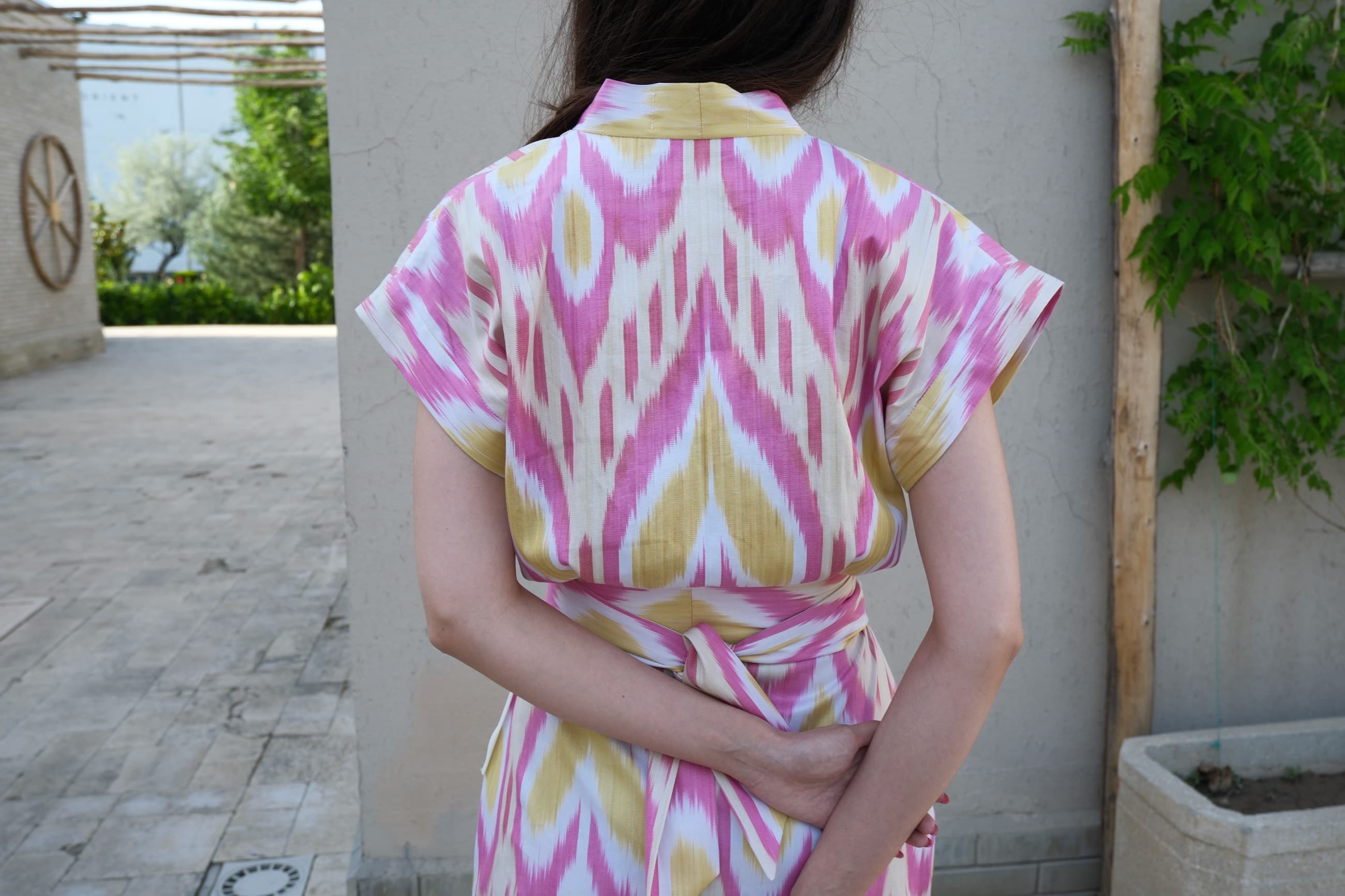 Handwoven Uzbek Ikat Wrap Midi Dress - Pink & Yellow - Image 3