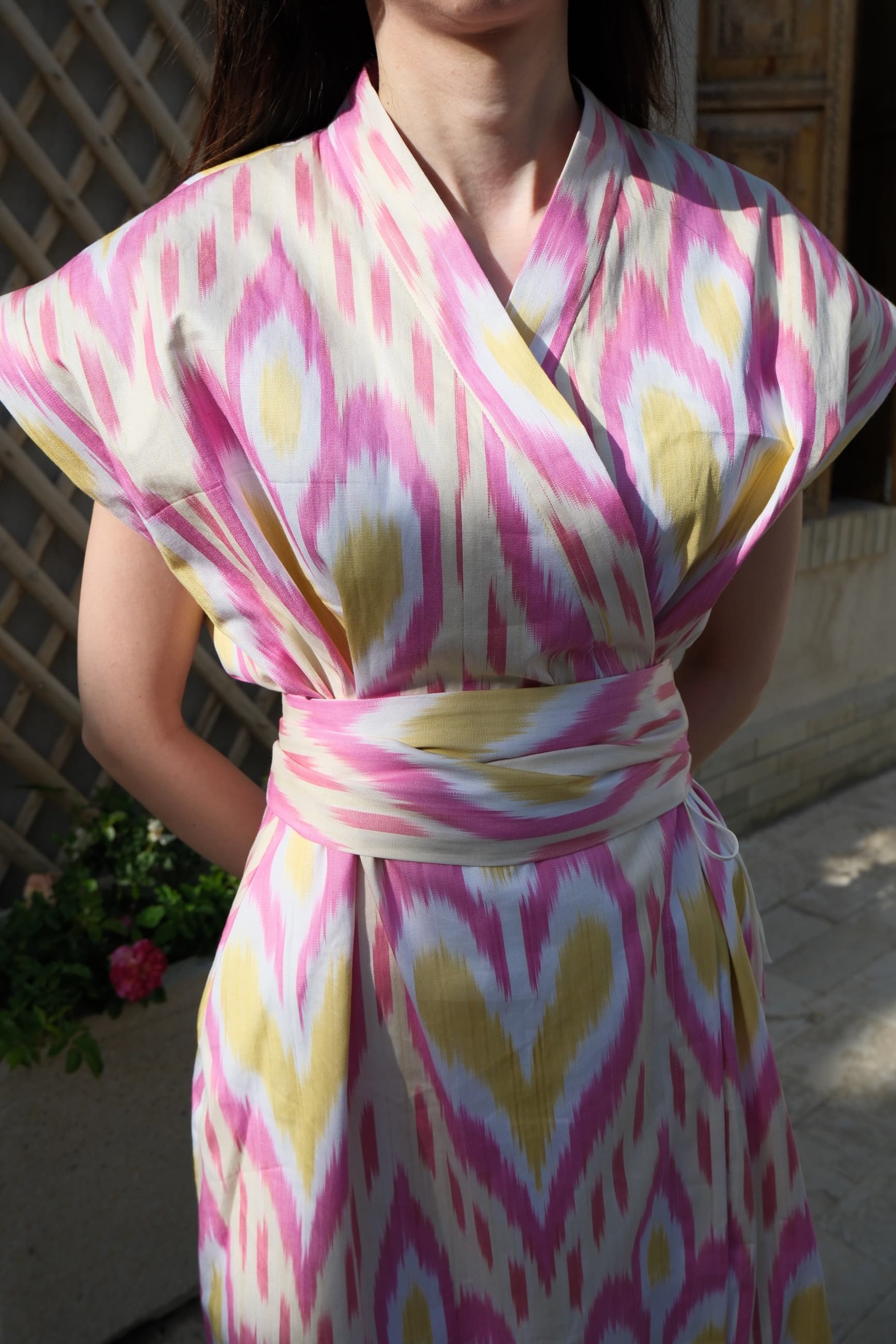 Handwoven Uzbek Ikat Wrap Midi Dress - Pink & Yellow - Image 4