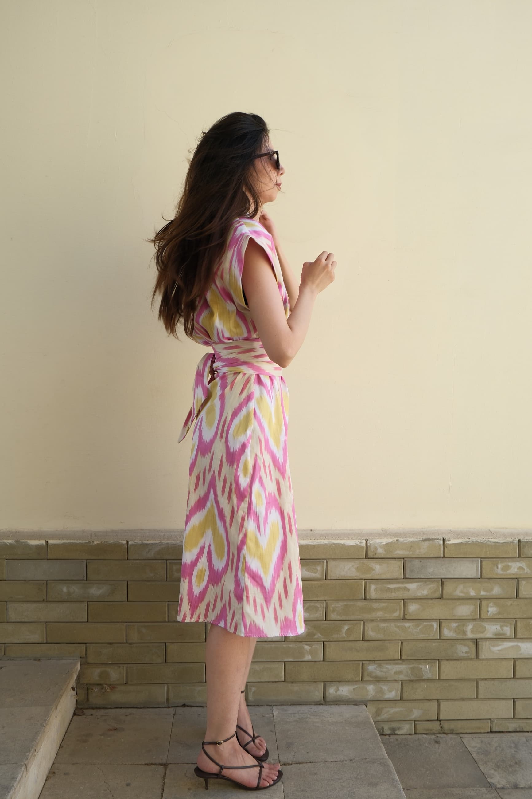 Handwoven Uzbek Ikat Wrap Midi Dress - Pink & Yellow - Image 2