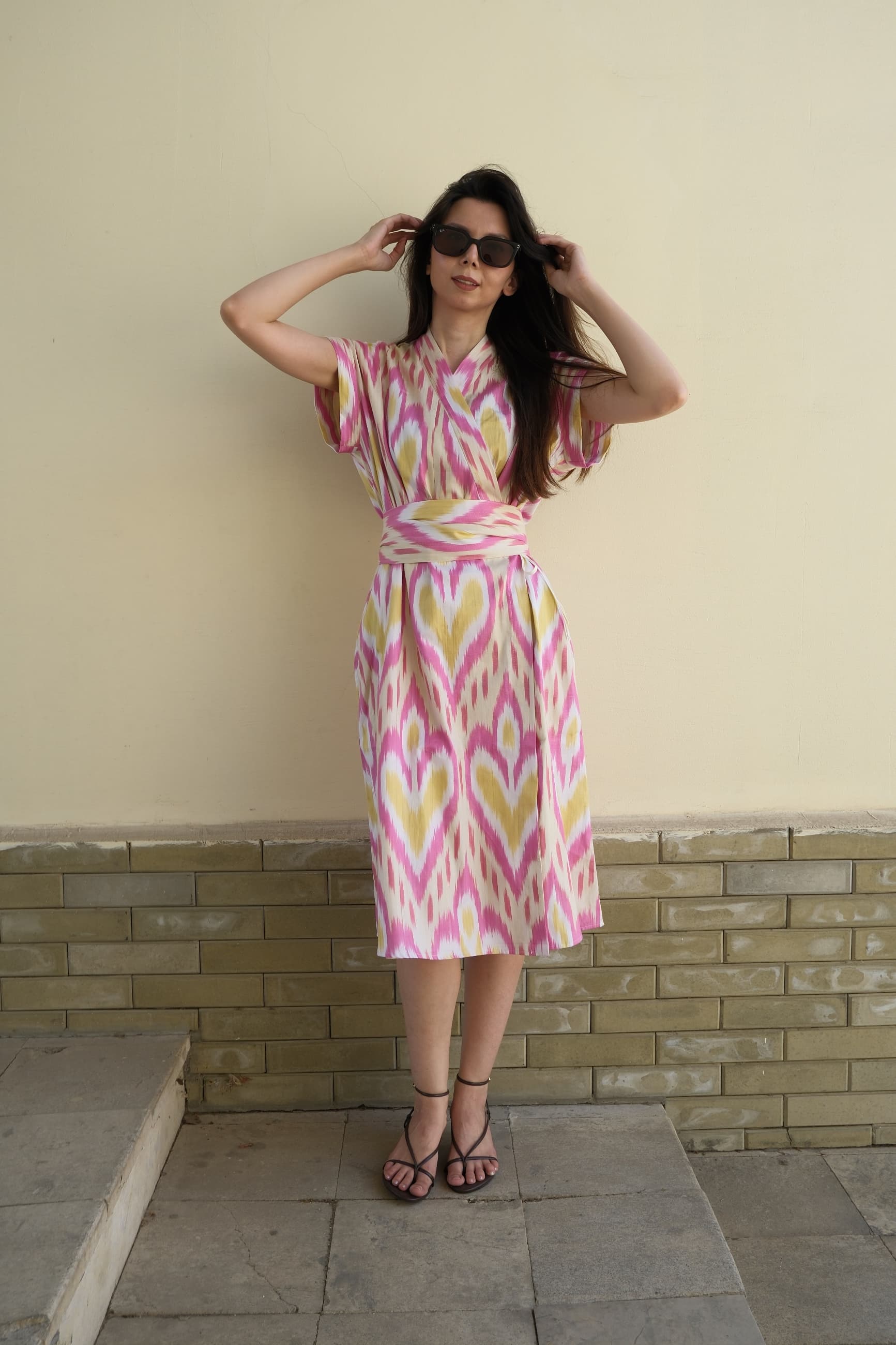 Handwoven Uzbek Ikat Wrap Midi Dress - Pink & Yellow - Image 7