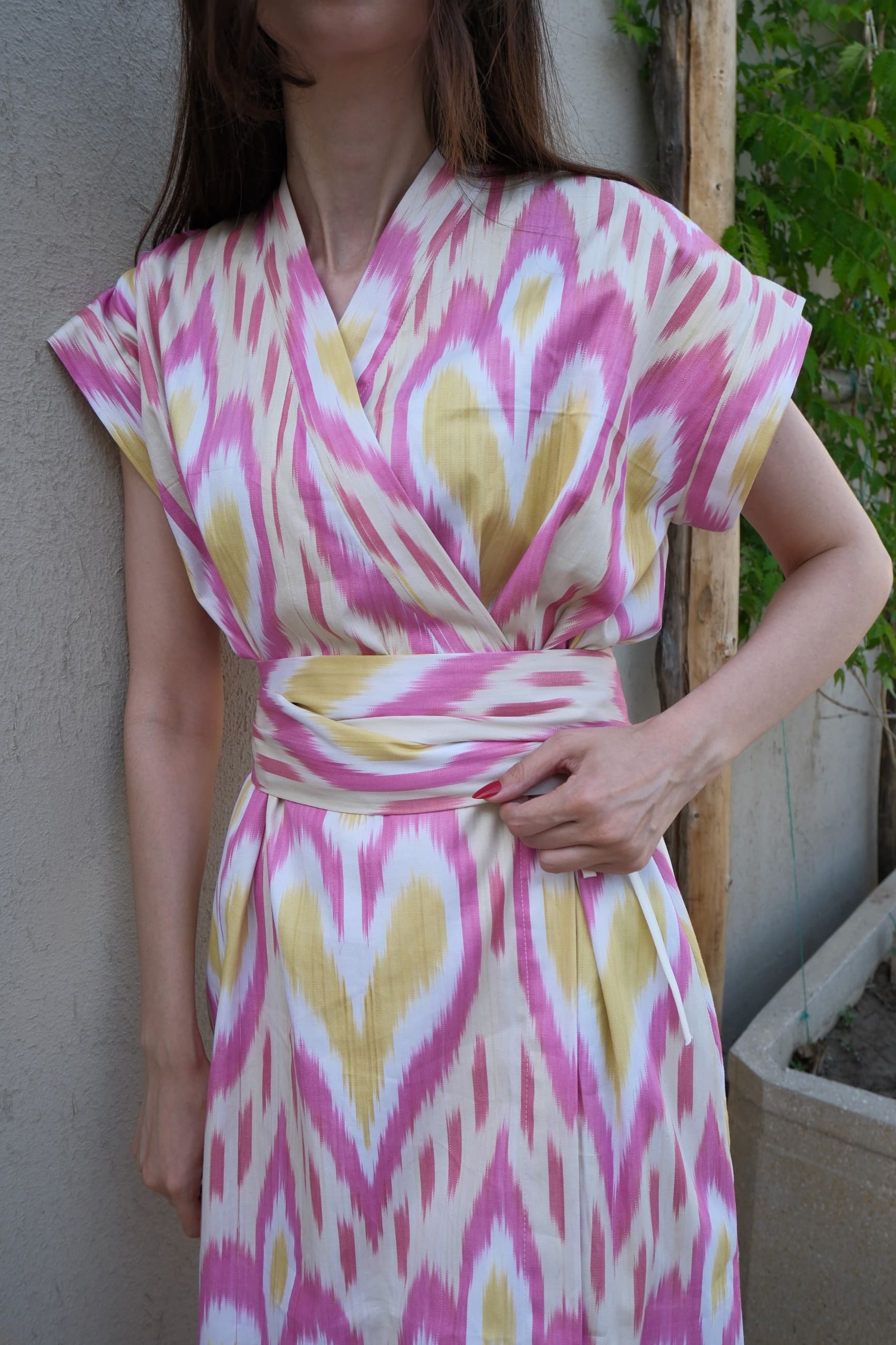 Handwoven Uzbek Ikat Wrap Midi Dress - Pink & Yellow - Image 5