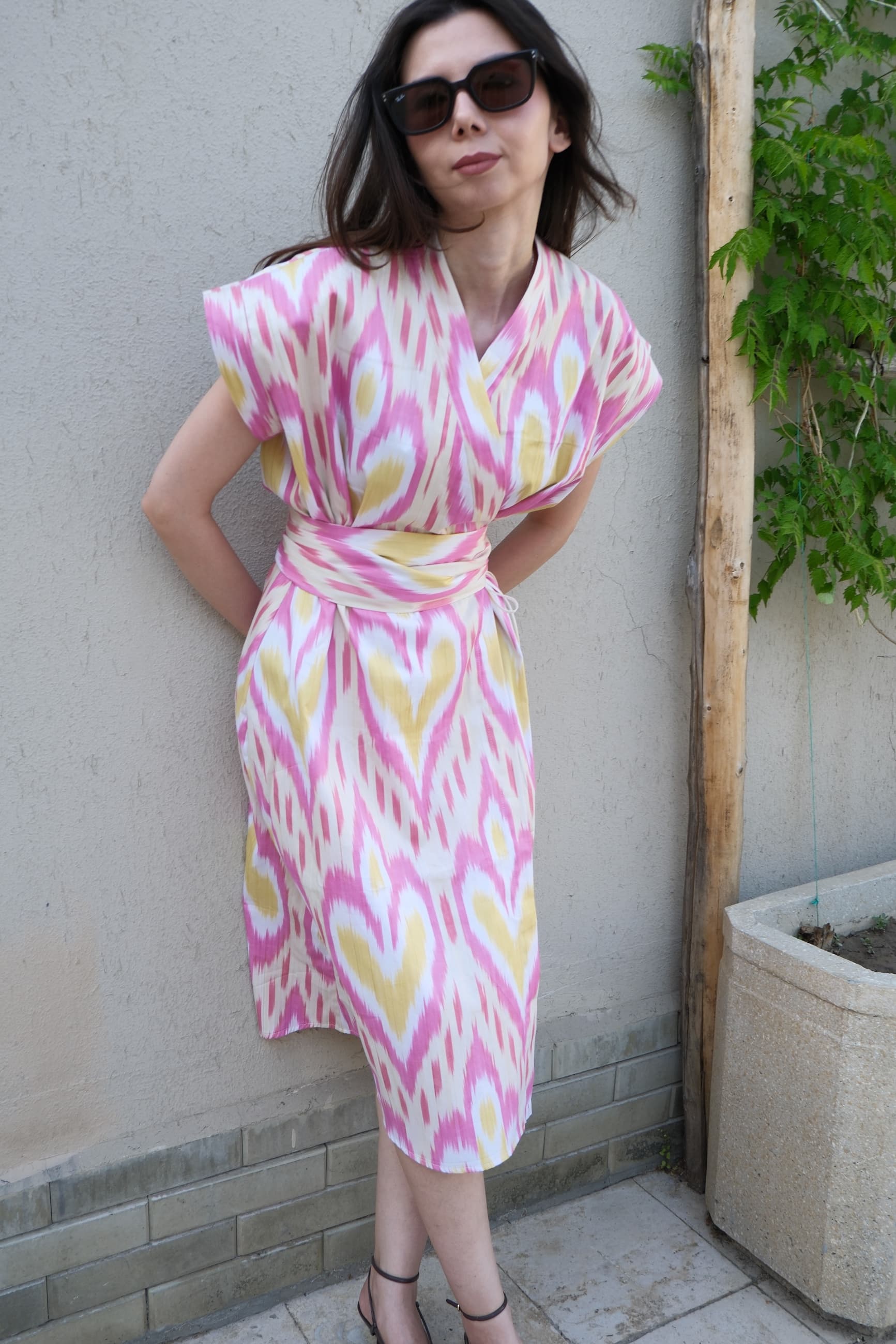 Handwoven Uzbek Ikat Wrap Midi Dress - Pink & Yellow - Image 6