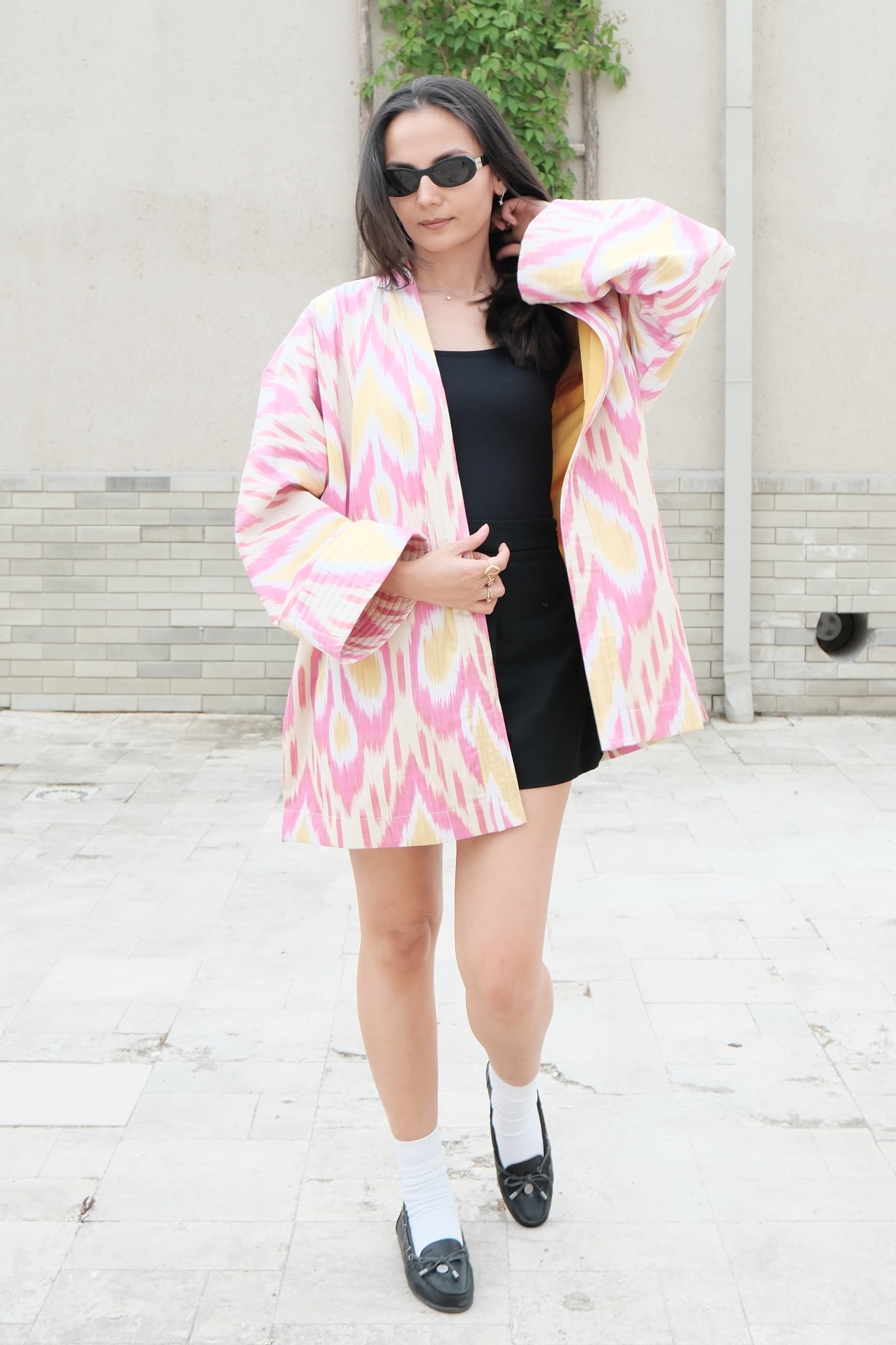 Reversible Handwoven Ikat Kimono Jacket - Pink & Yellow - Image 5