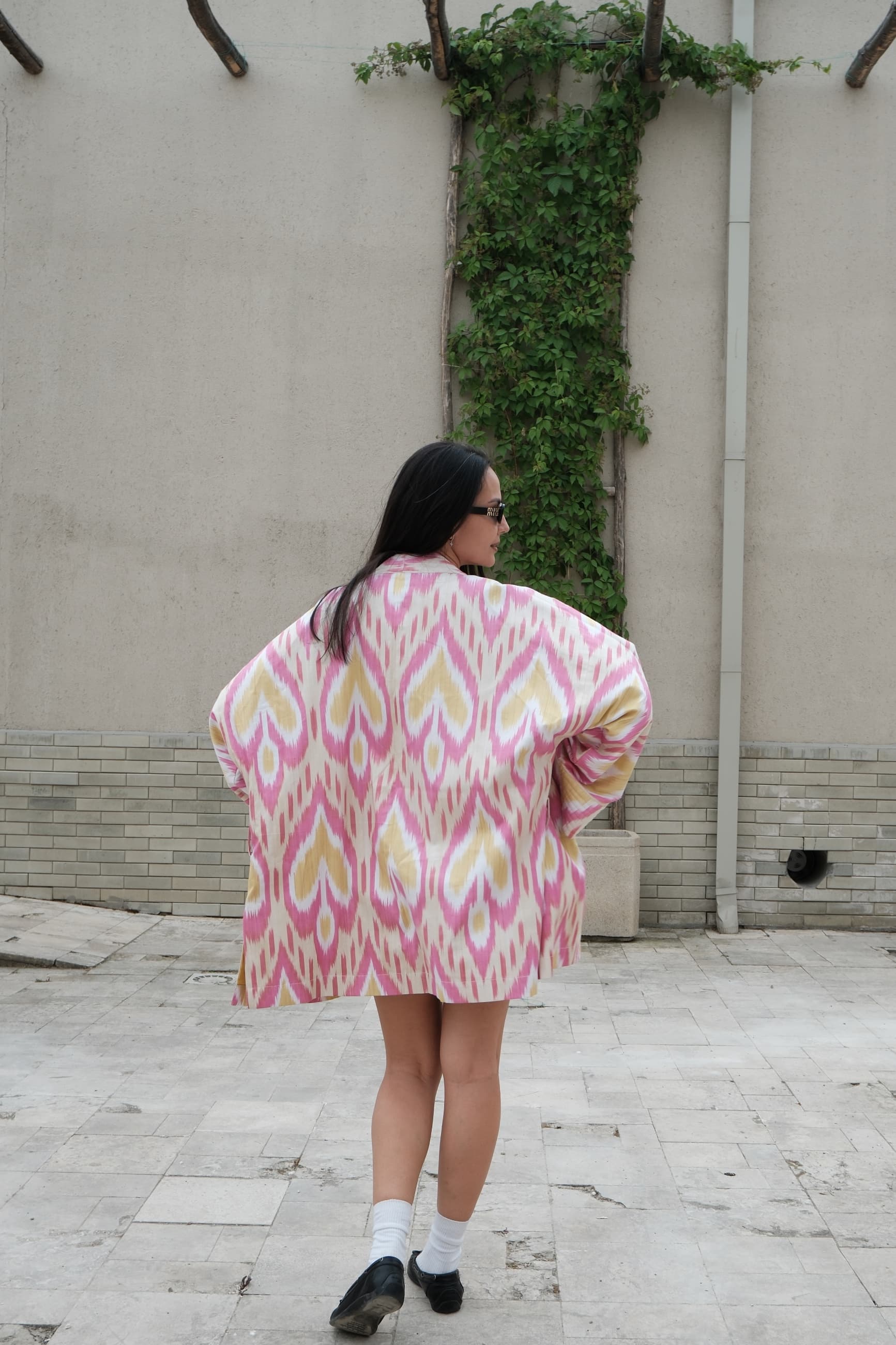 Reversible Handwoven Ikat Kimono Jacket - Pink & Yellow - Image 6