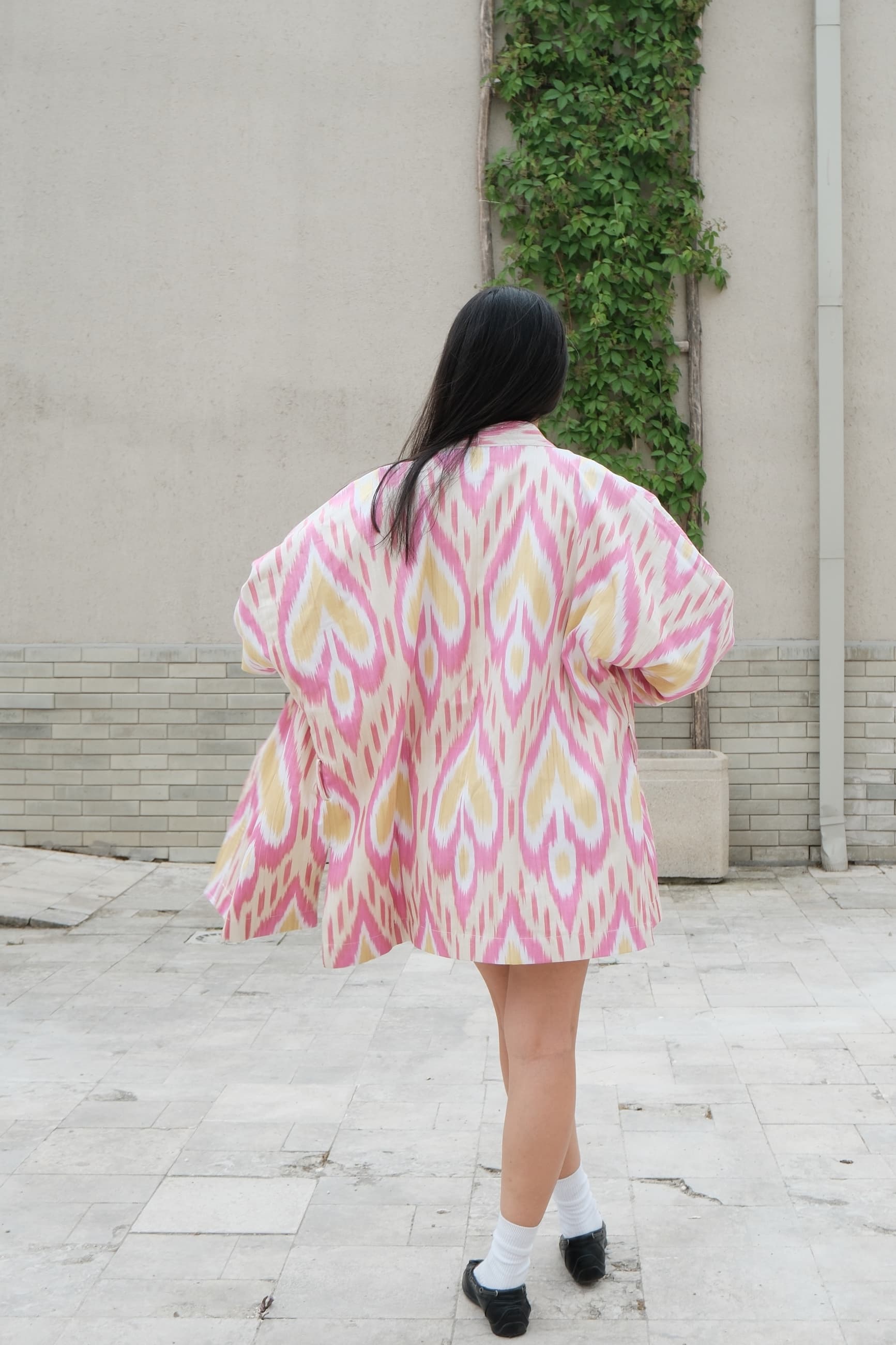 Reversible Handwoven Ikat Kimono Jacket - Pink & Yellow - Image 2