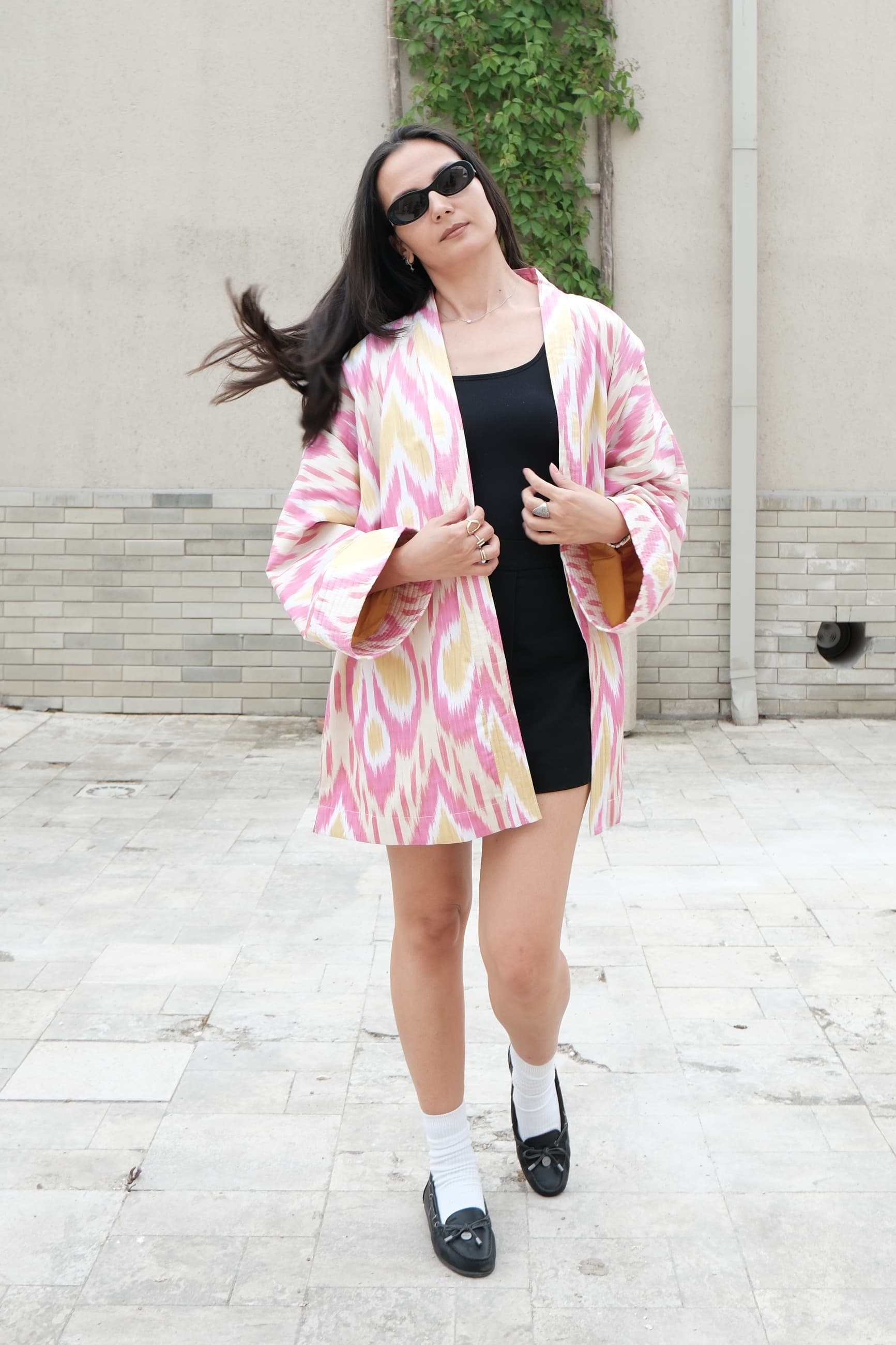 Reversible Handwoven Ikat Kimono Jacket - Pink & Yellow