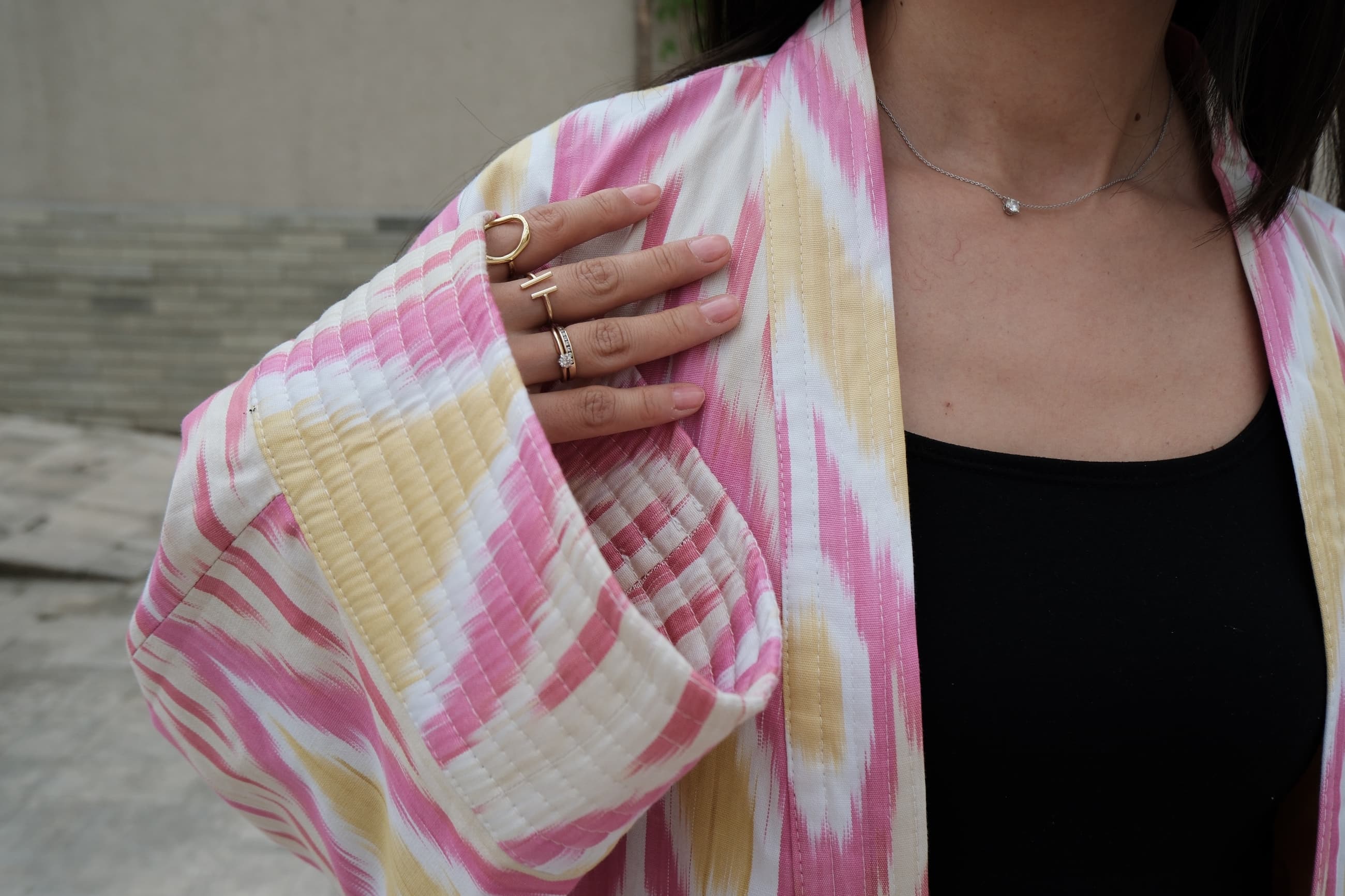 Reversible Handwoven Ikat Kimono Jacket - Pink & Yellow - Image 4