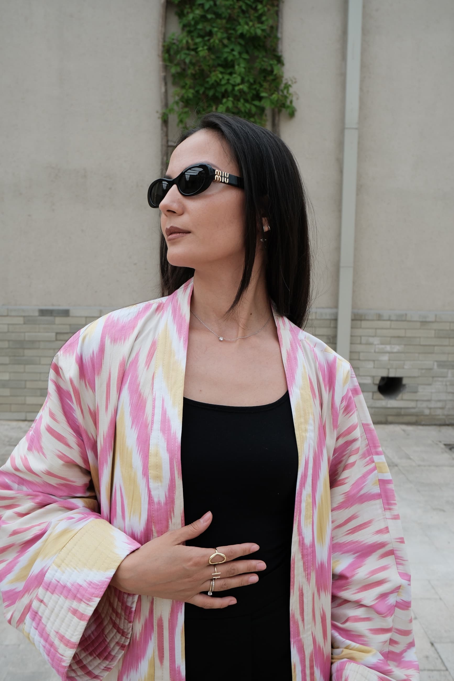 Reversible Handwoven Ikat Kimono Jacket - Pink & Yellow - Image 3