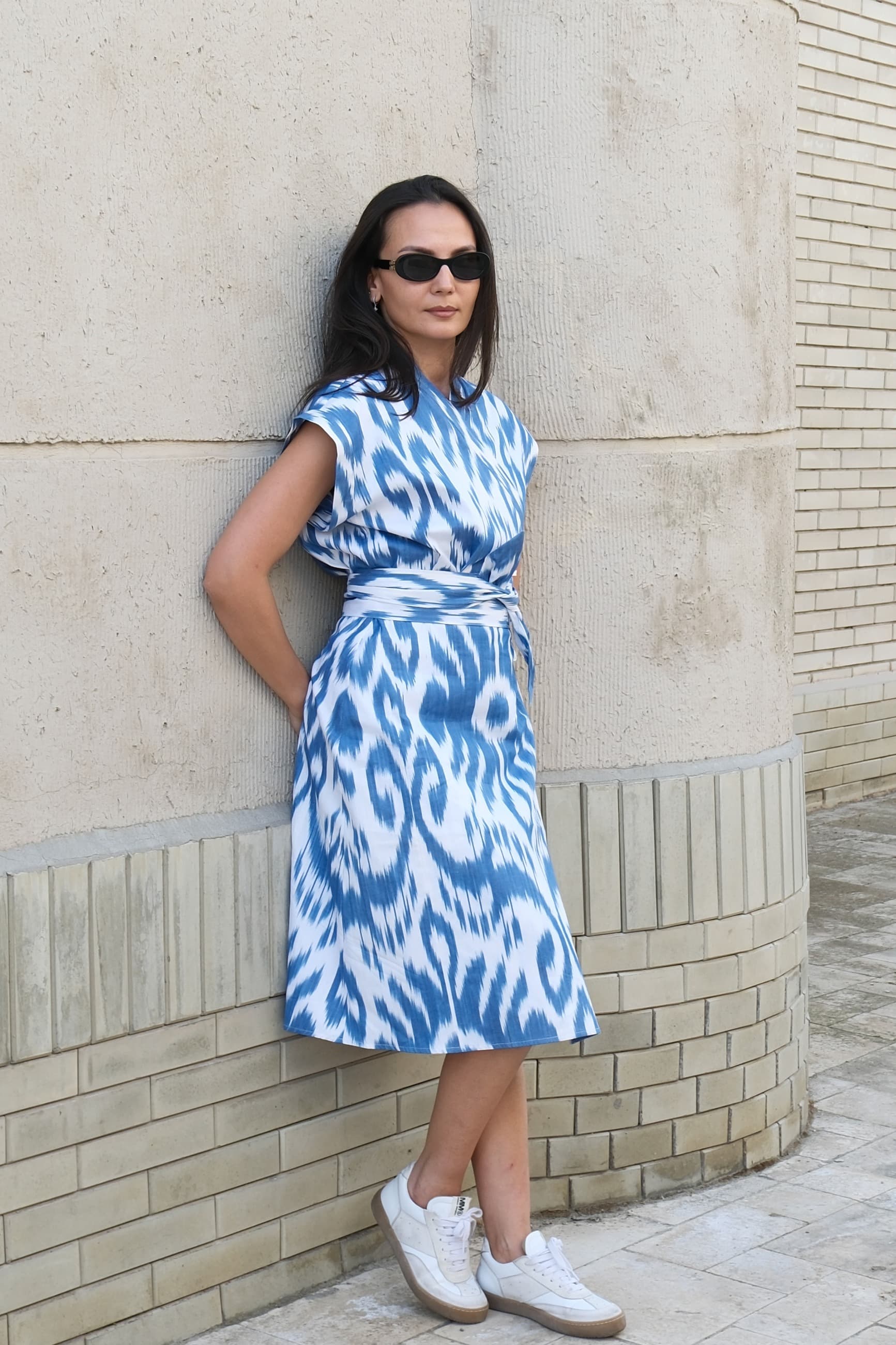 Handwoven Uzbek Ikat Wrap Midi Dress - Blue & White - Image 3