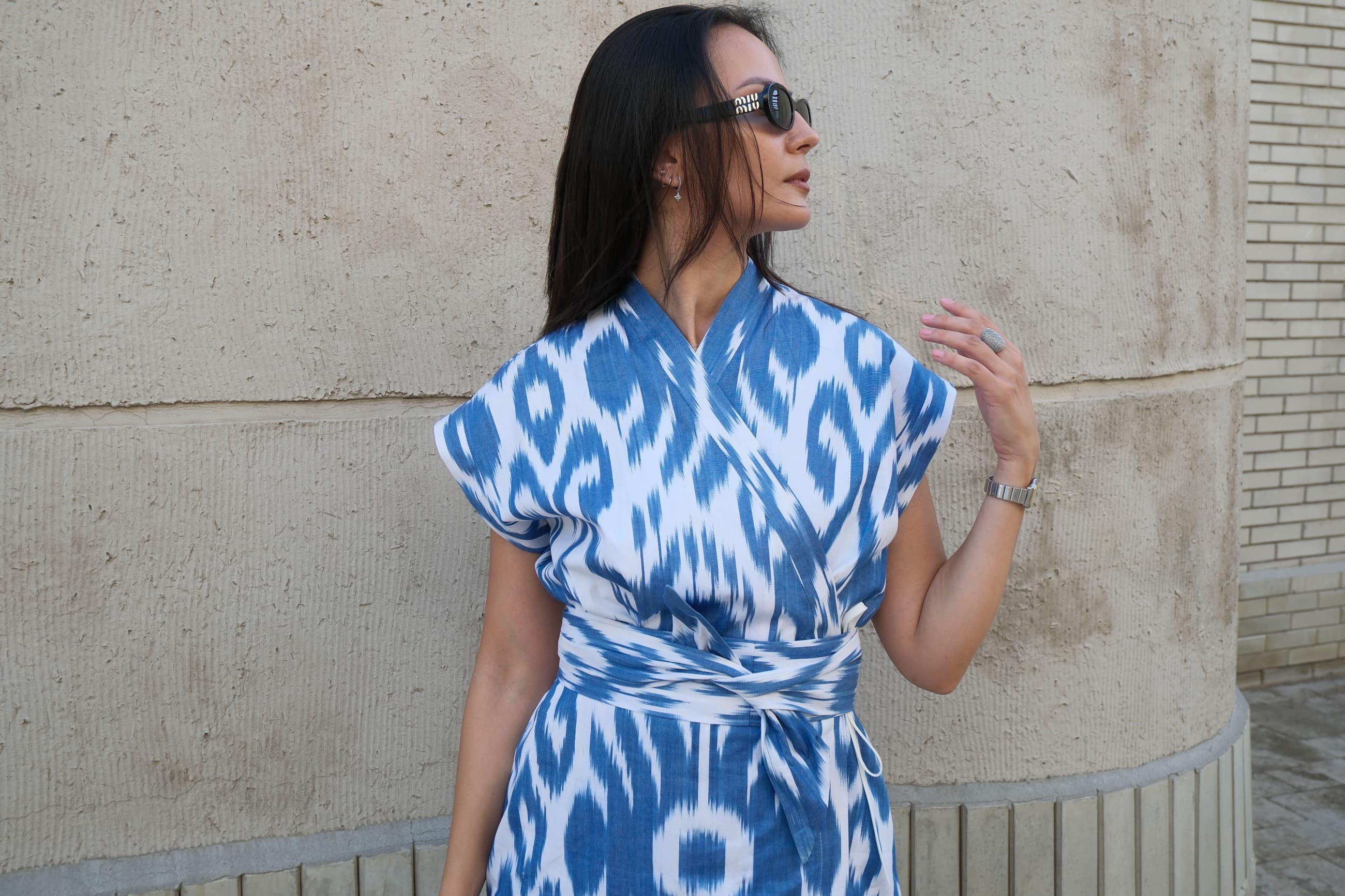 Handwoven Uzbek Ikat Wrap Midi Dress - Blue & White - Image 4