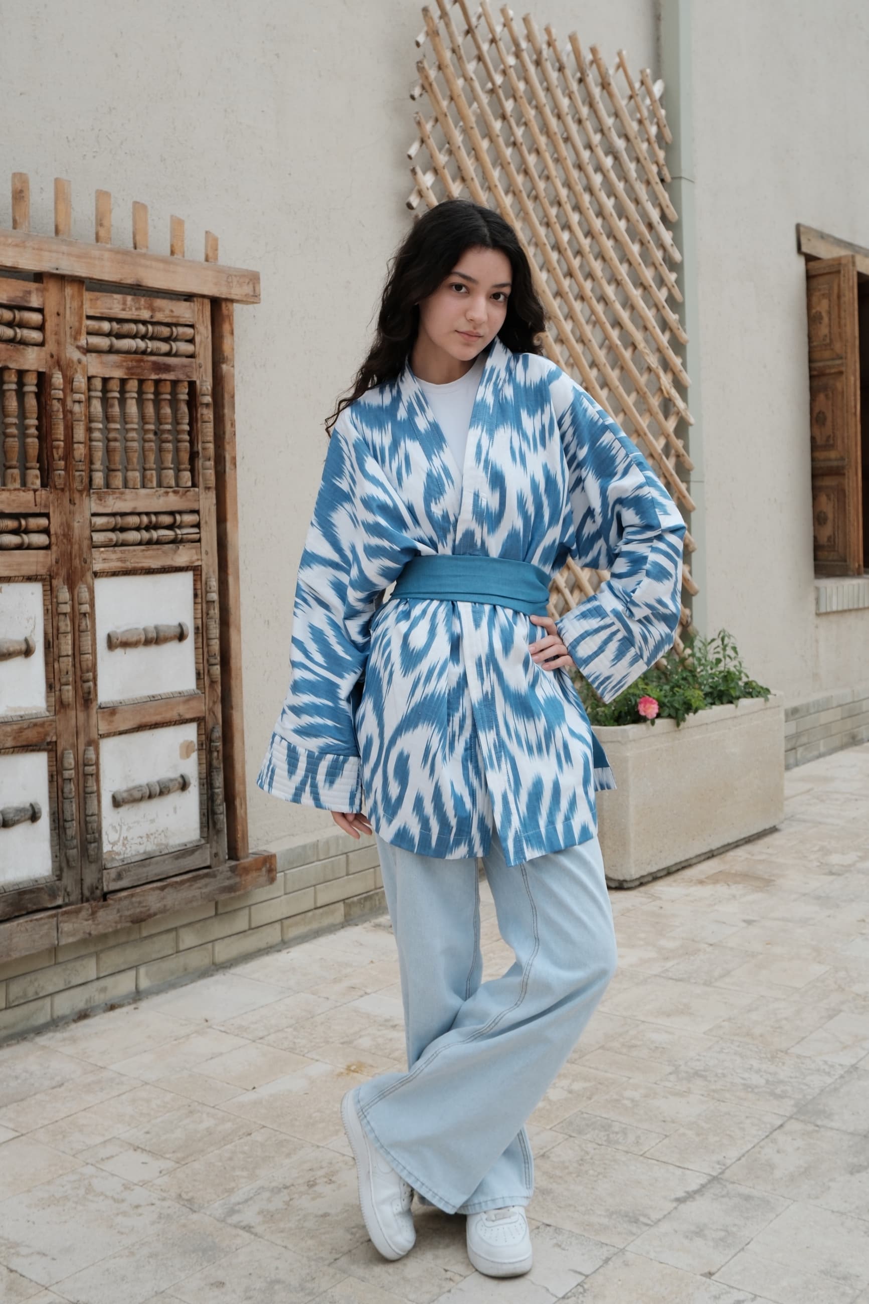 Reversible Handwoven Ikat Kimono Jacket - Blue & Teal - Image 7