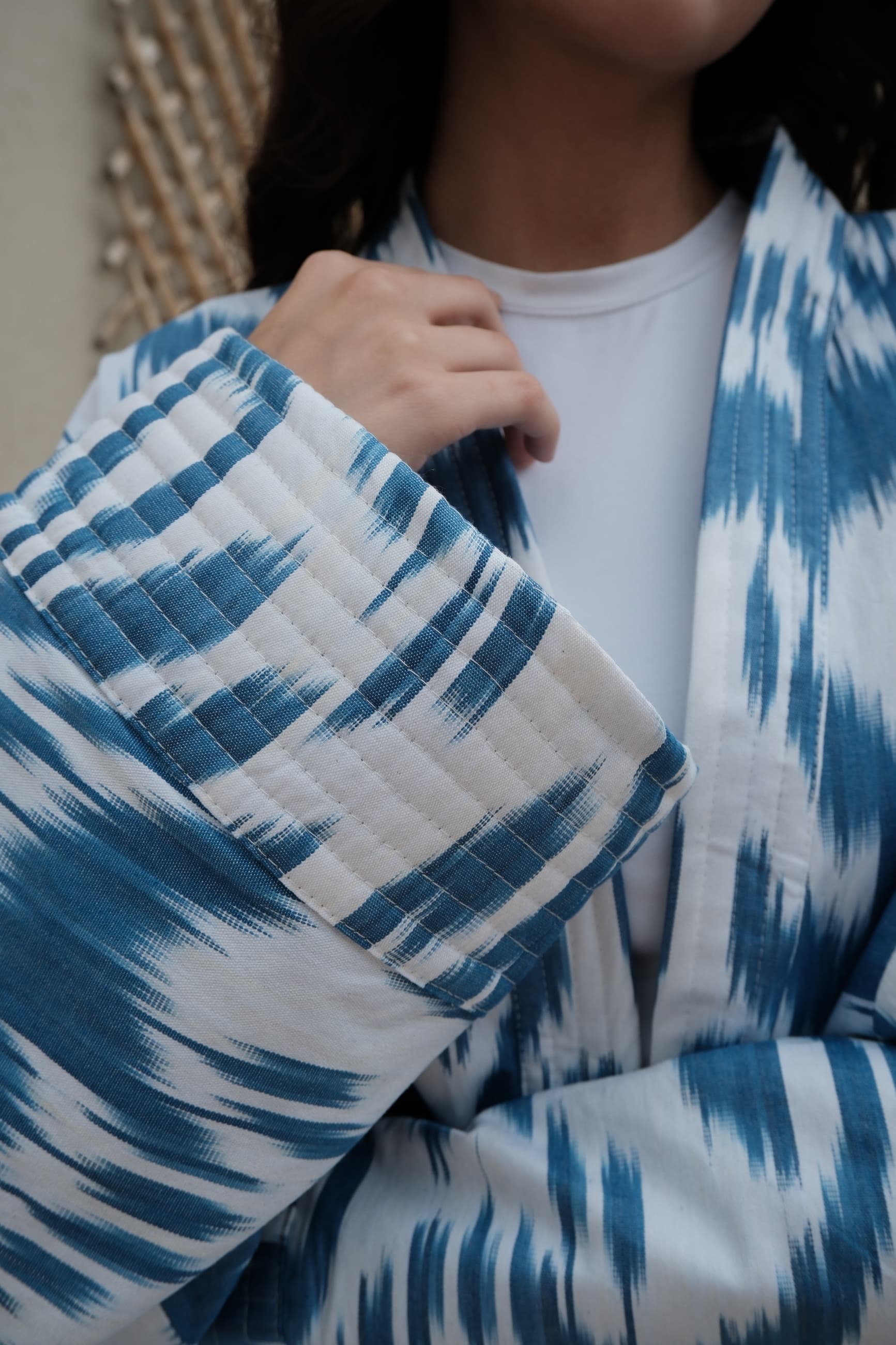 Reversible Handwoven Ikat Kimono Jacket - Blue & Teal - Image 3