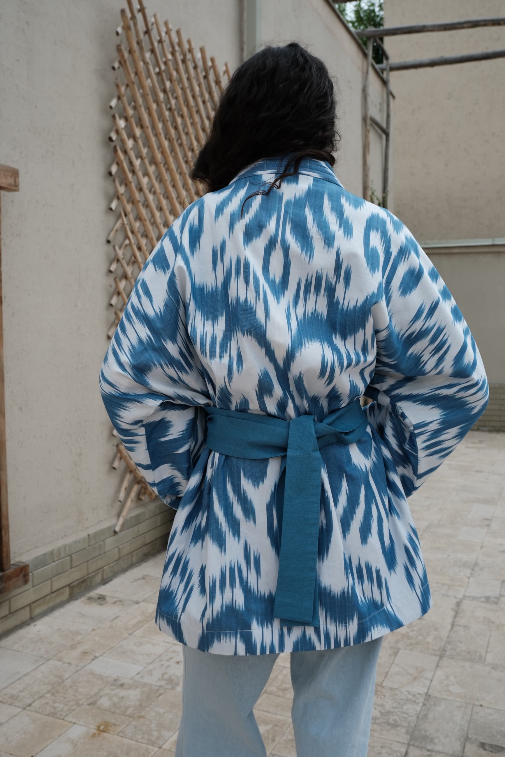 Reversible Handwoven Ikat Kimono Jacket - Blue & Teal - Image 4