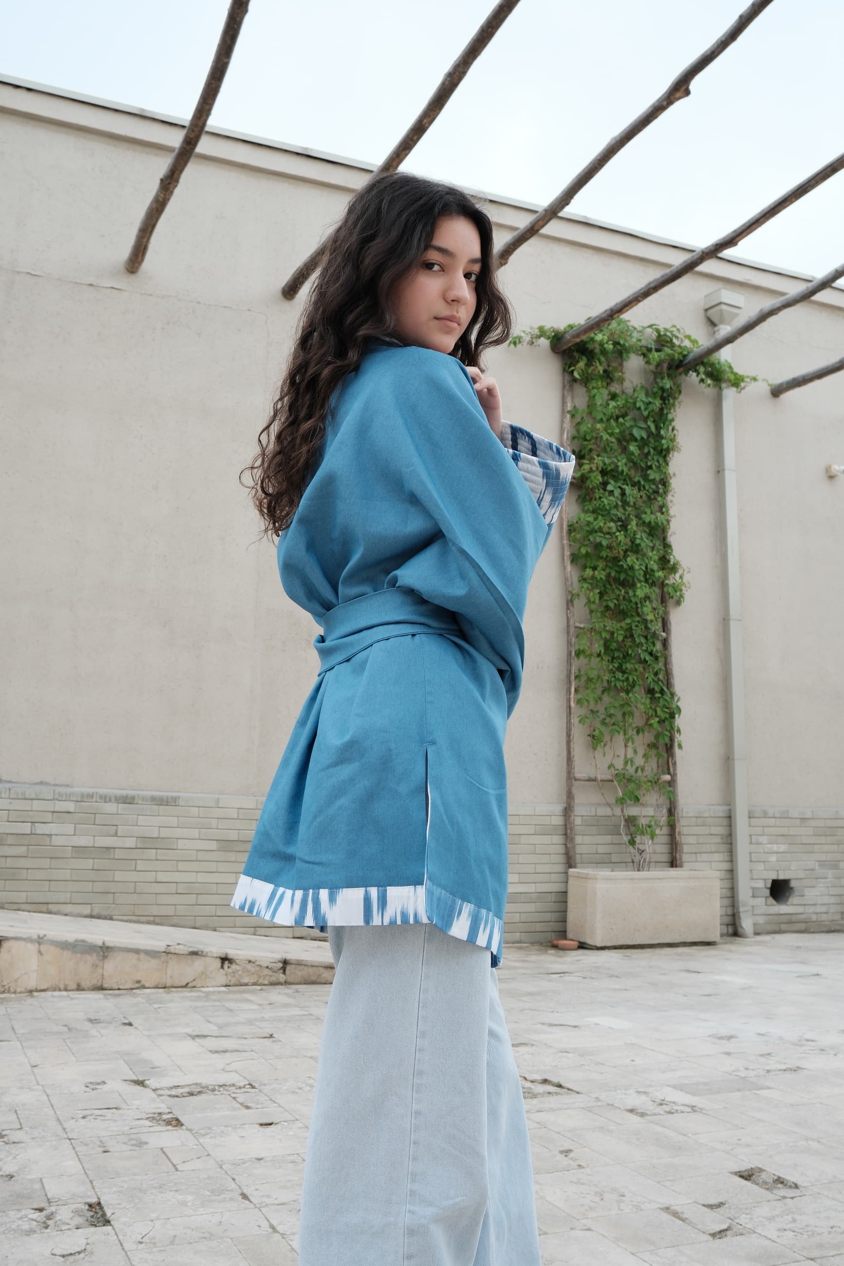 Reversible Handwoven Ikat Kimono Jacket - Blue & Teal - Image 5