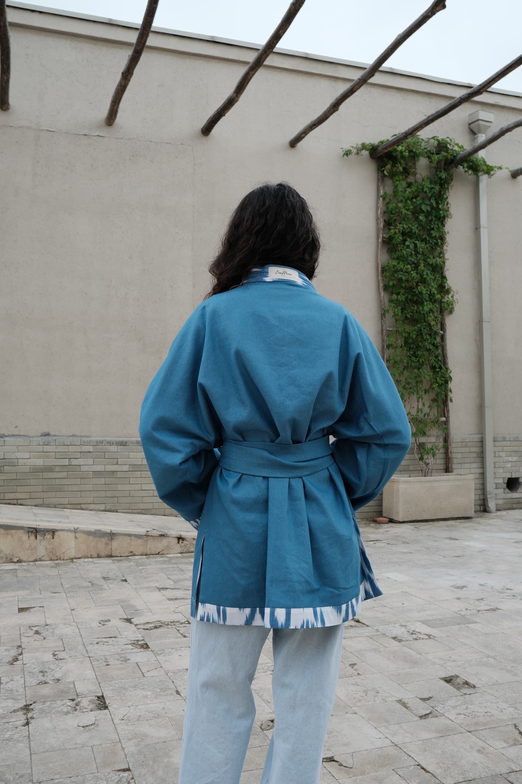 Reversible Handwoven Ikat Kimono Jacket - Blue & Teal - Image 6