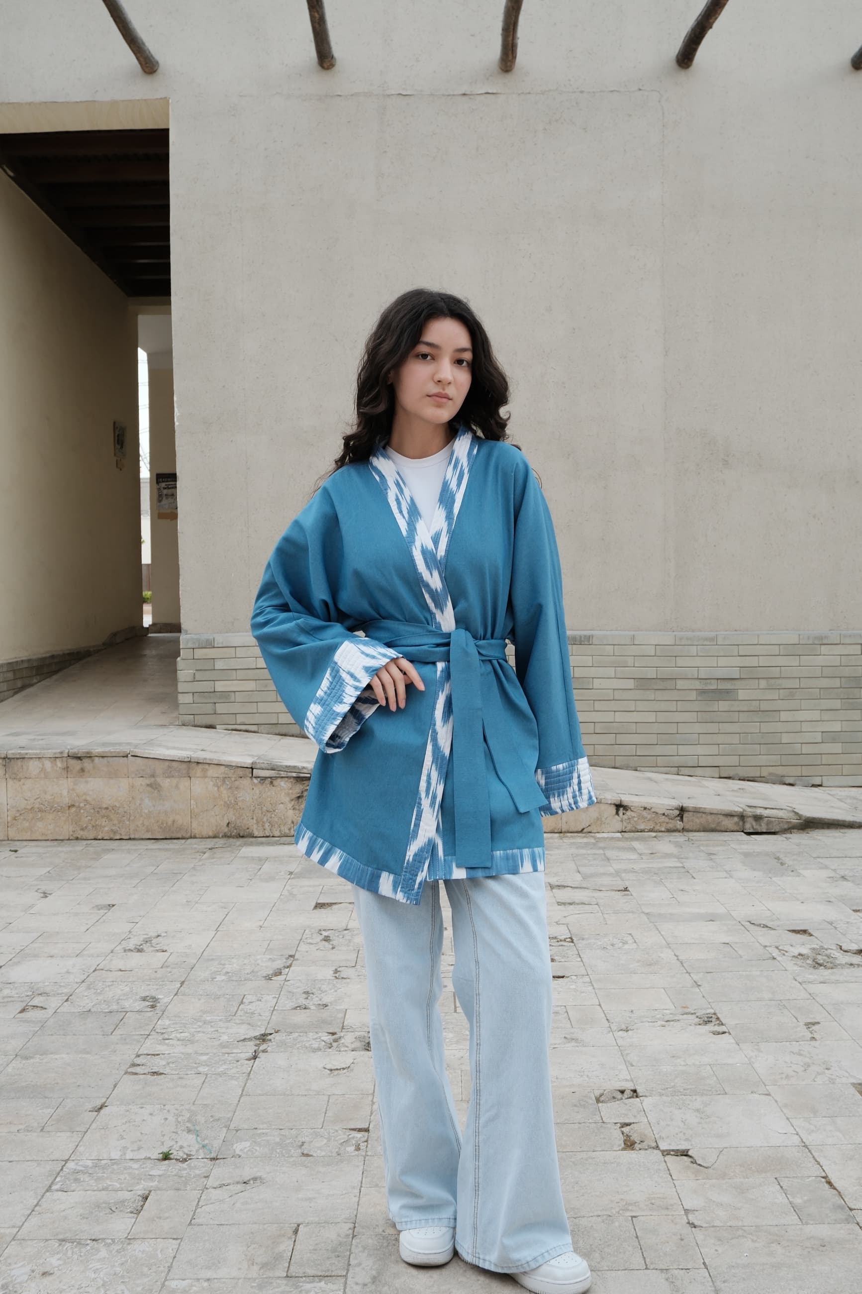 Reversible Handwoven Ikat Kimono Jacket - Blue & Teal - Image 2