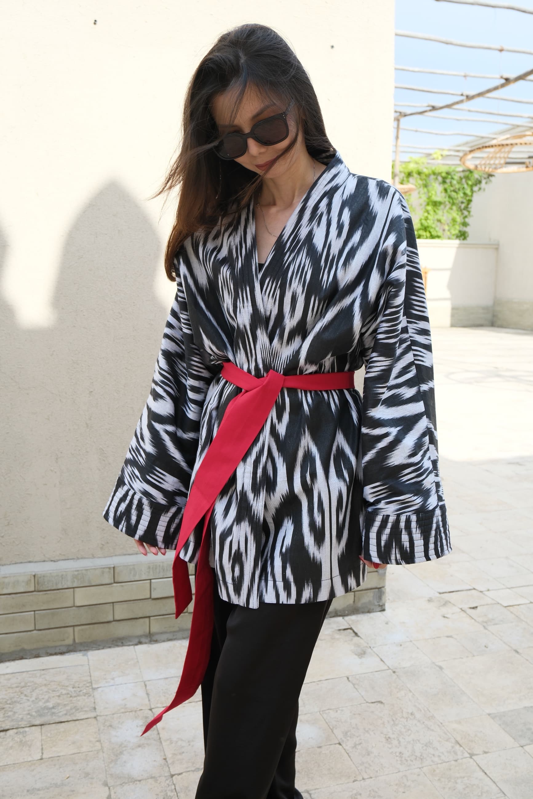 Reversible Handwoven Ikat Kimono Jacket - Black, White & Red