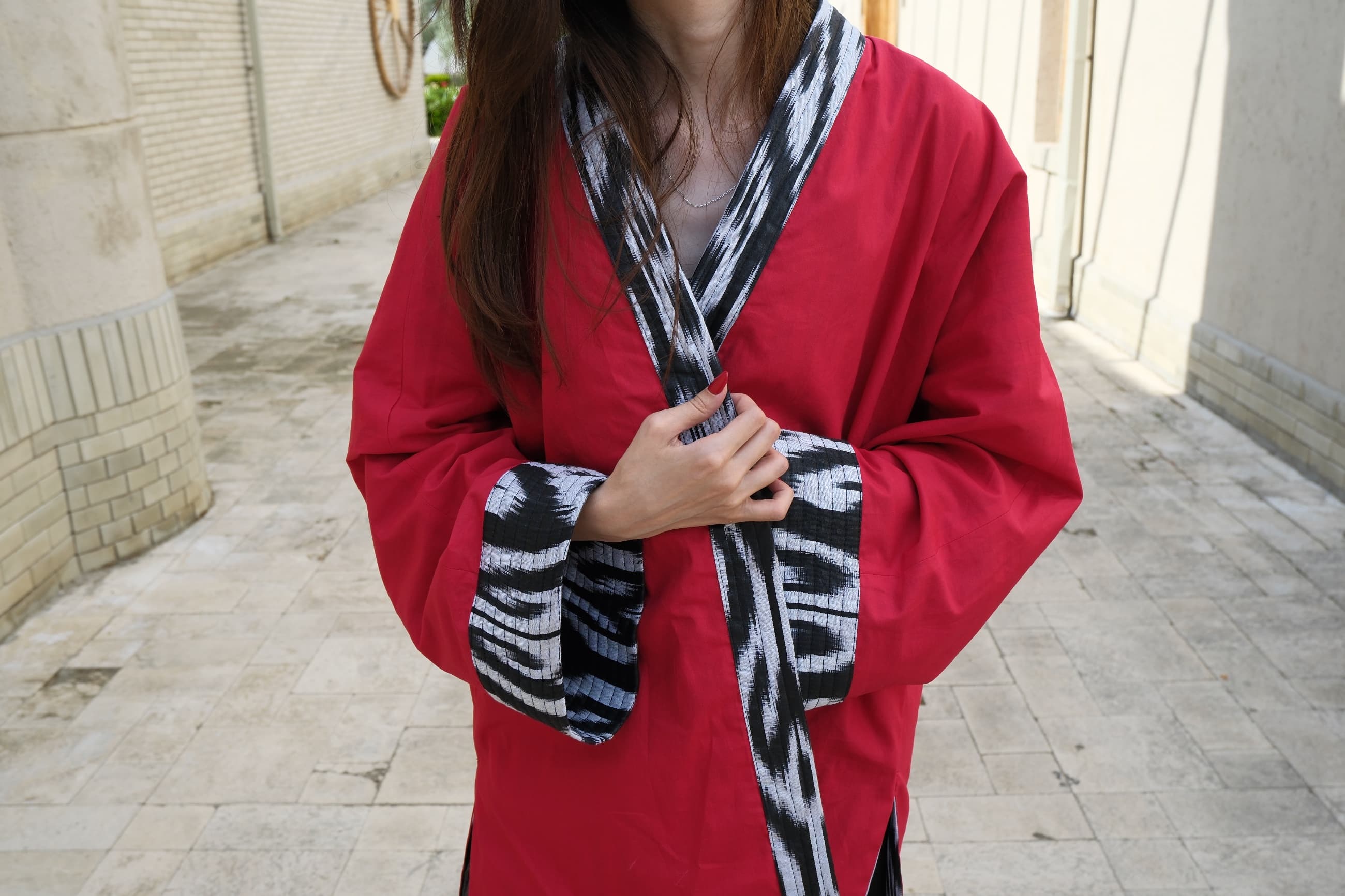 Reversible Handwoven Ikat Kimono Jacket - Black, White & Red - Image 4