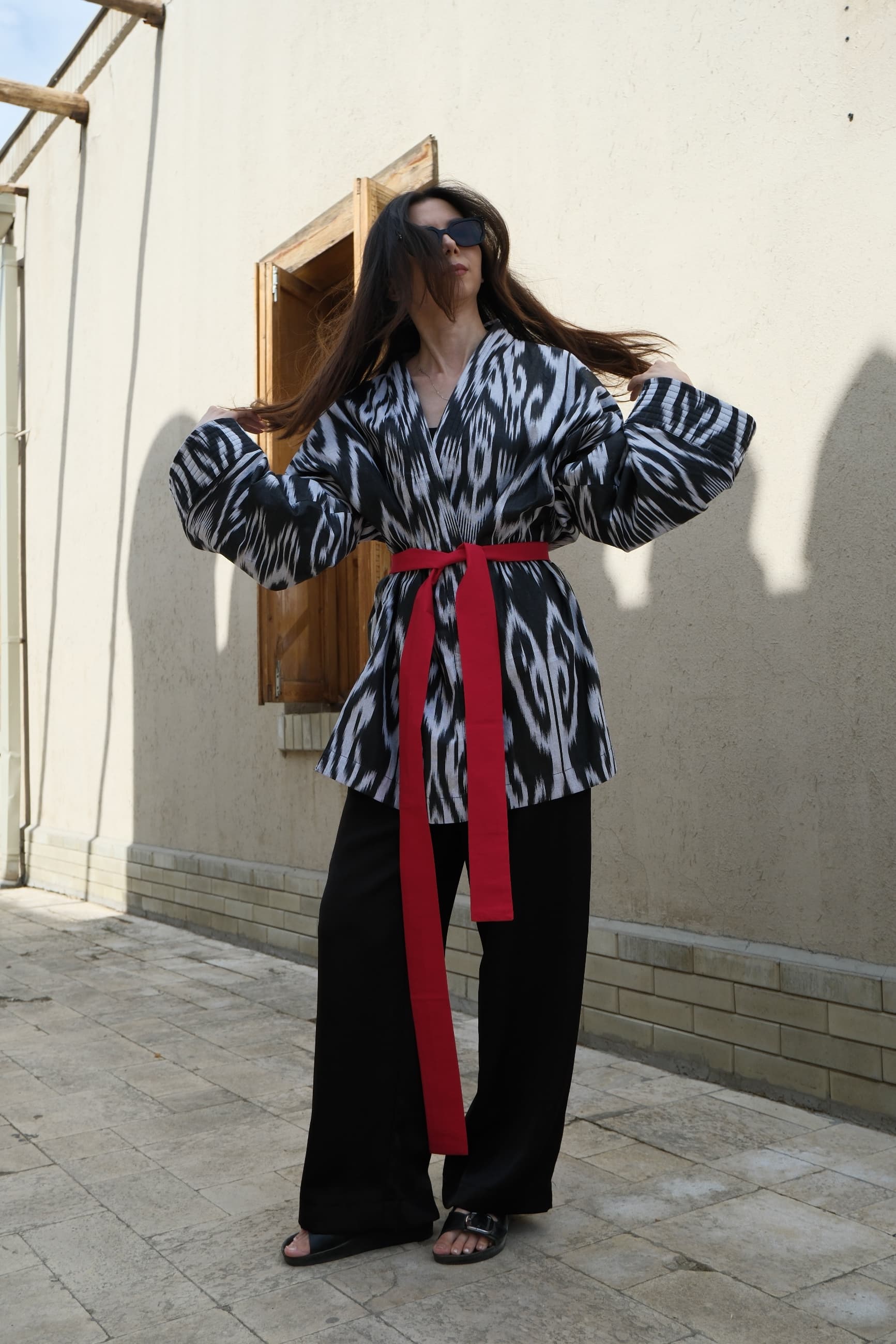 Reversible Handwoven Ikat Kimono Jacket - Black, White & Red - Image 7
