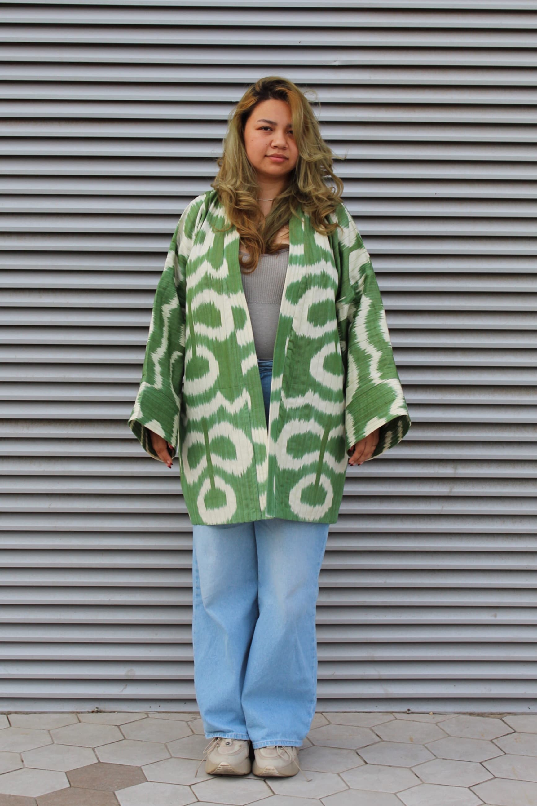 Green Ikat Quilted Kimono Jacket with Belt - Image 1