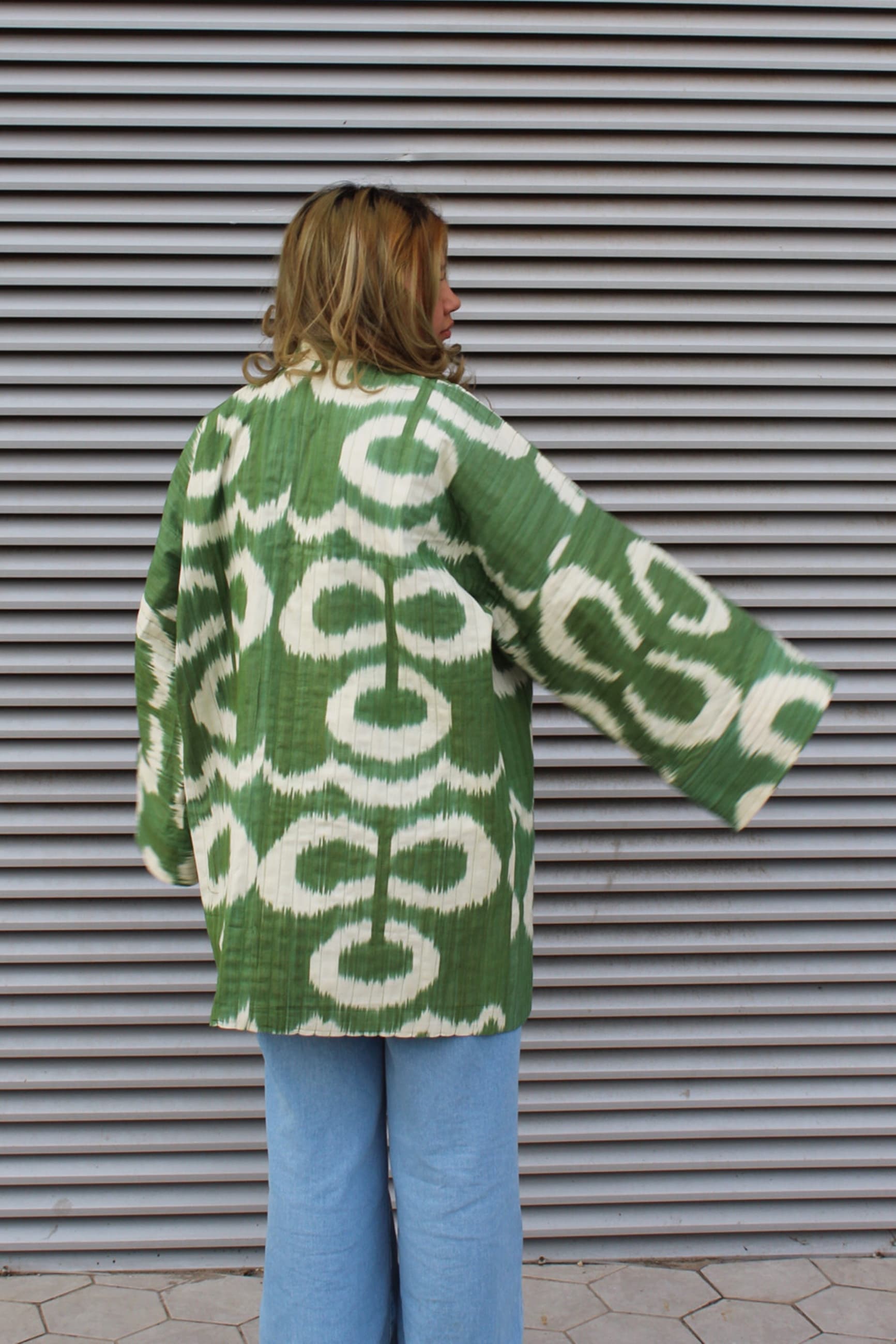 Green Ikat Quilted Kimono Jacket with Belt - Image 2