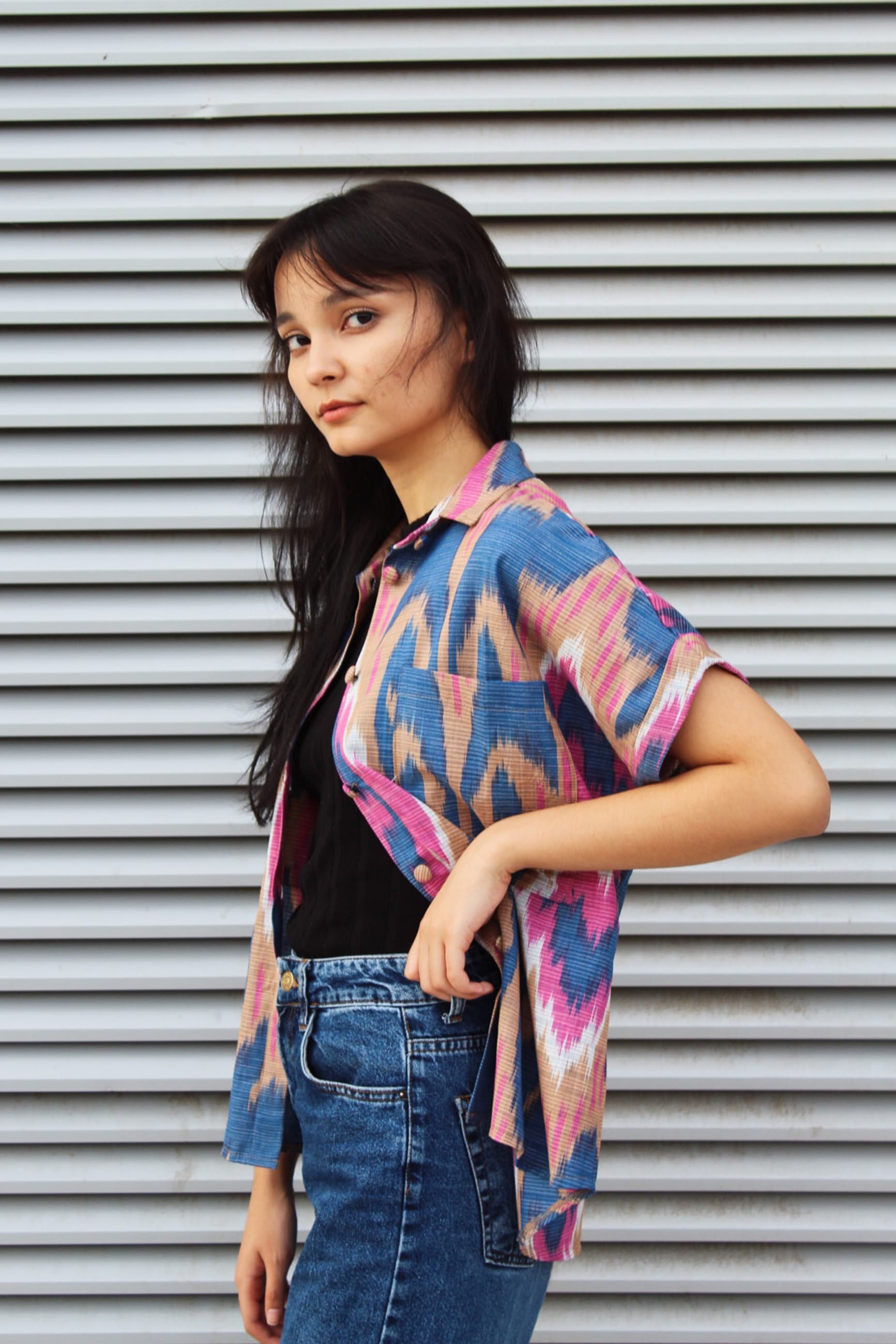 Handwoven Ikat Cotton Summer Shirt – Pink - Image 4