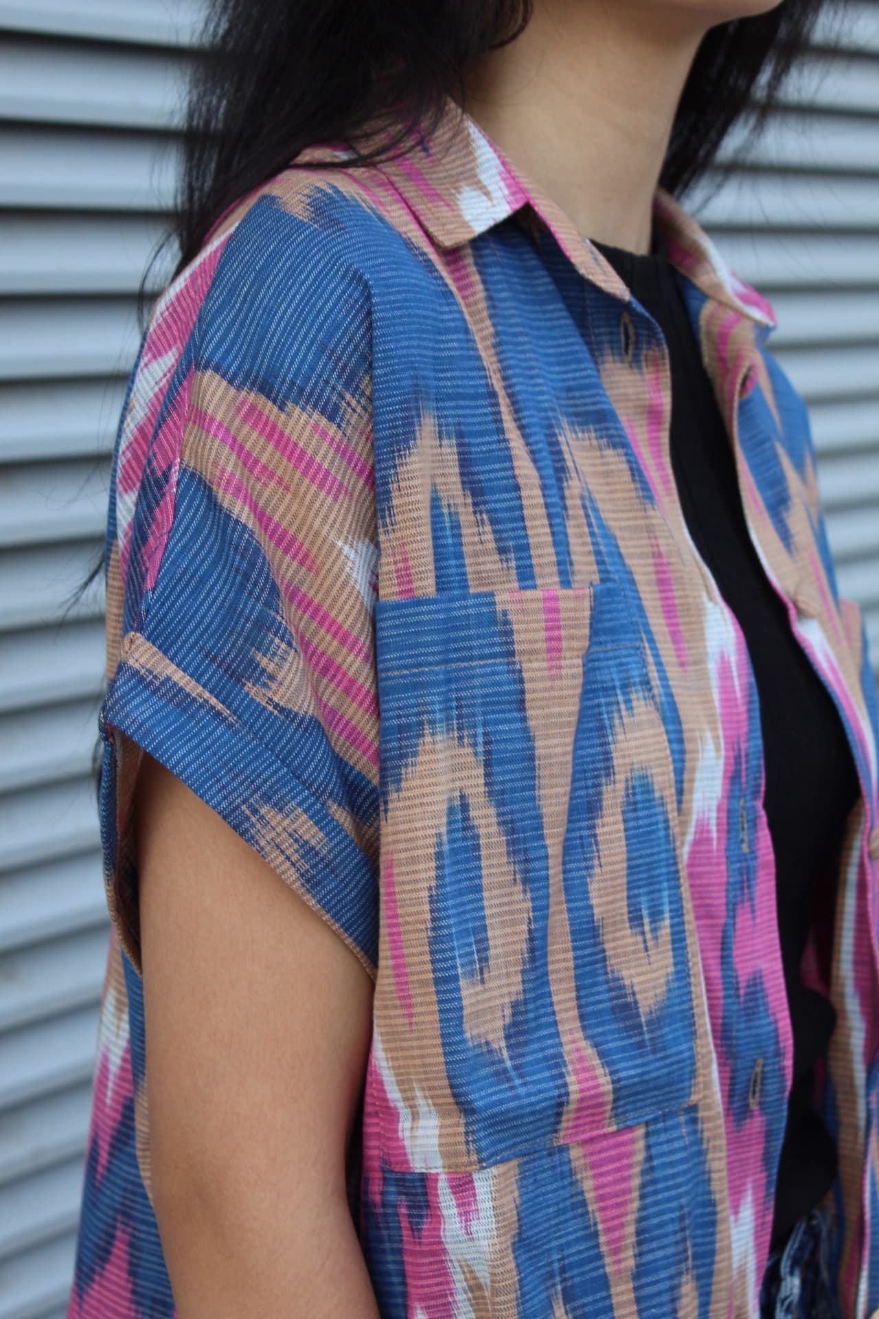 Handwoven Ikat Cotton Summer Shirt – Pink - Image 3