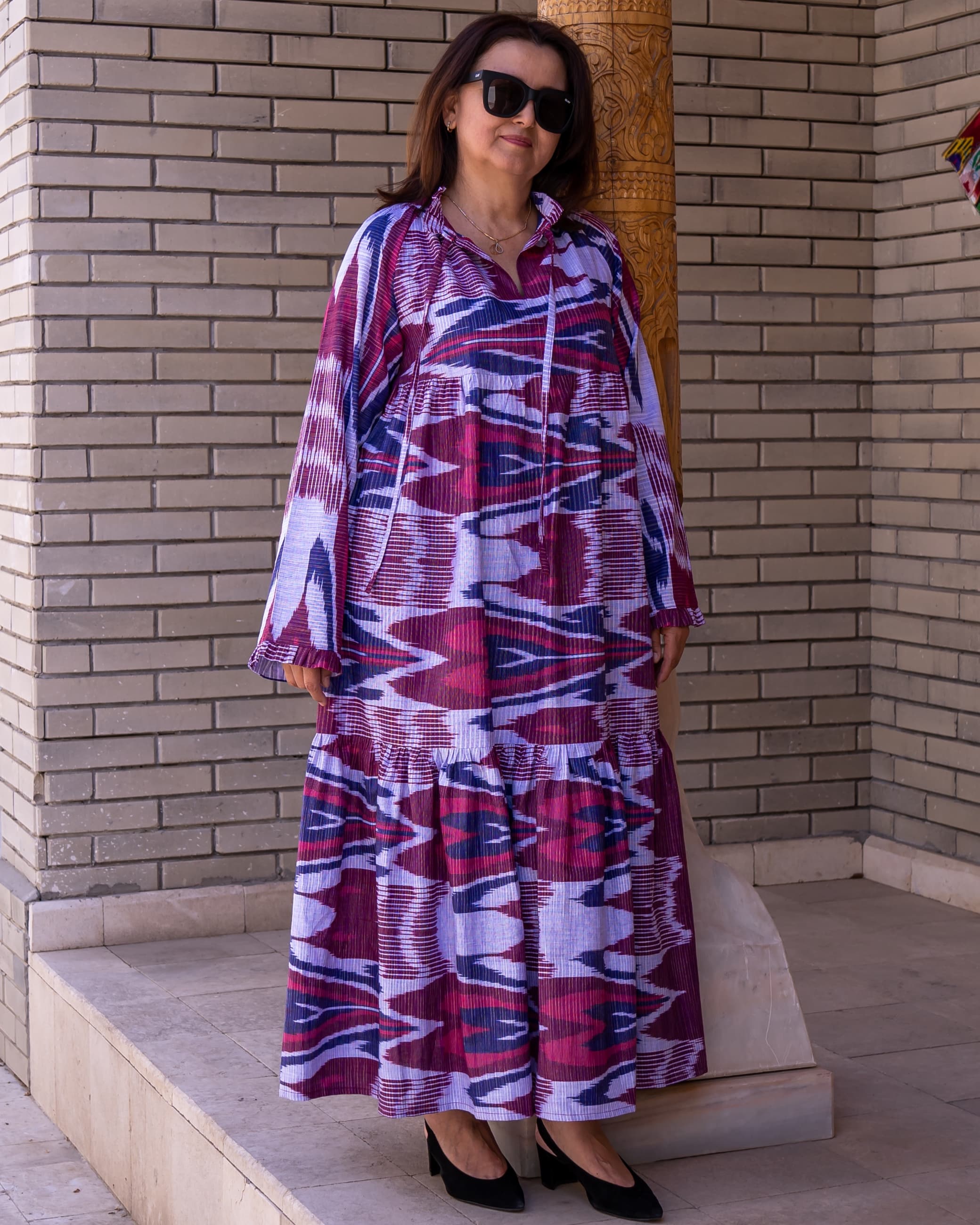 Handwoven Ikat Maxi Dress – Long Sleeve, Ruffled Hem - Image 1