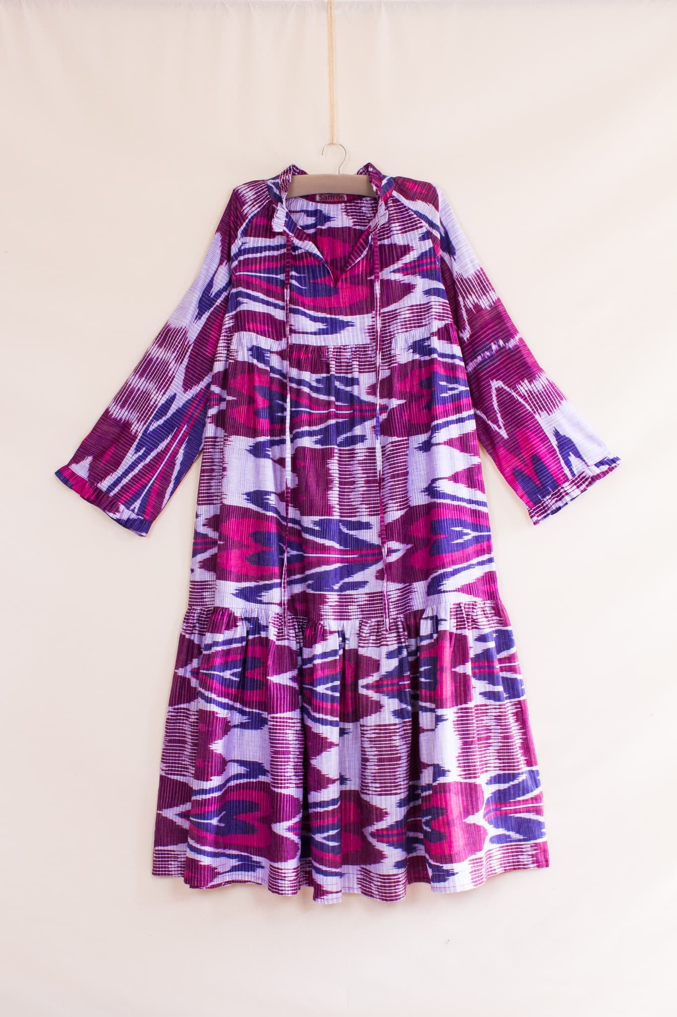 Handwoven Ikat Maxi Dress – Long Sleeve, Ruffled Hem - Image 2