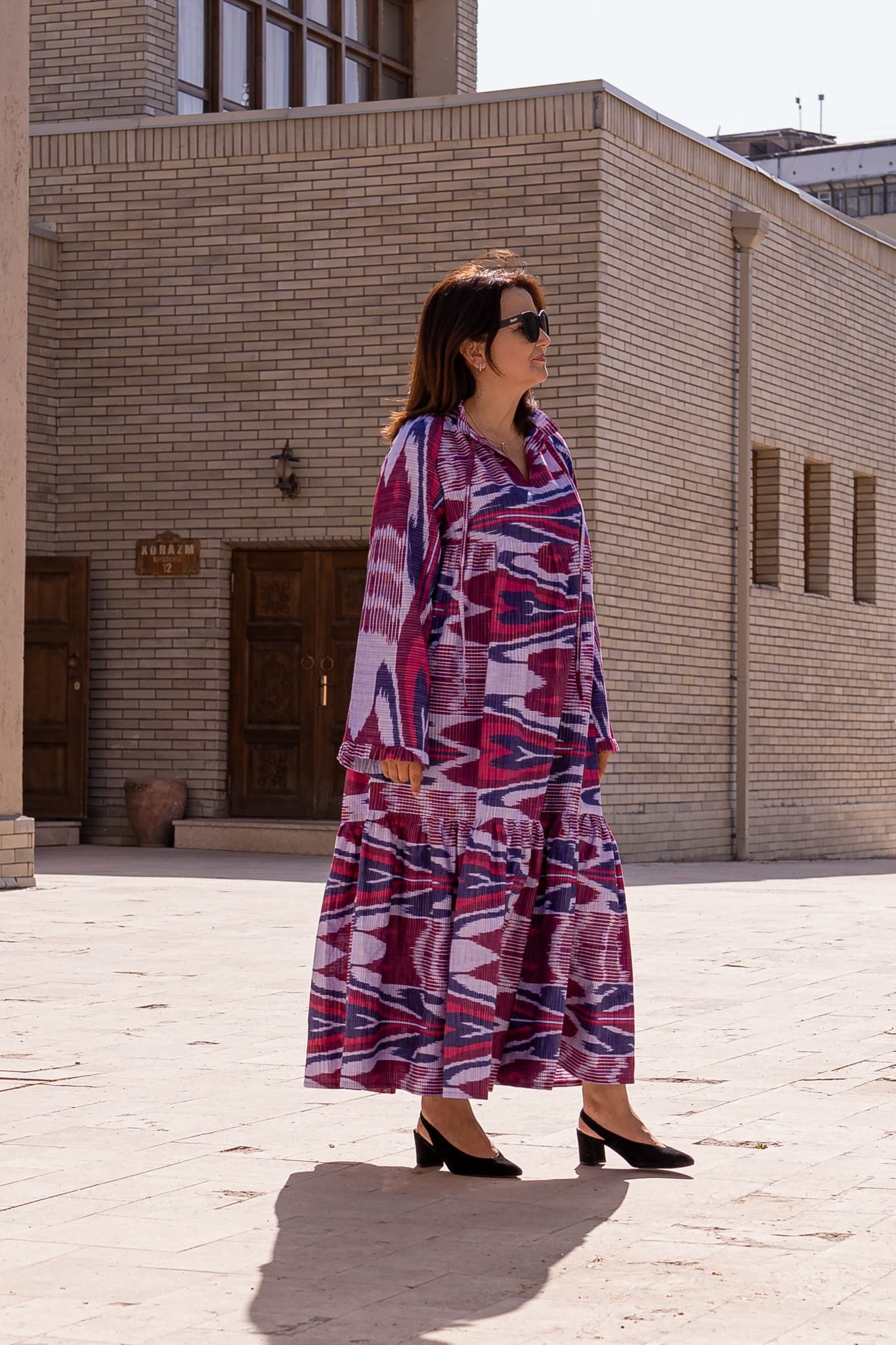 Handwoven Ikat Maxi Dress – Long Sleeve, Ruffled Hem - Image 3