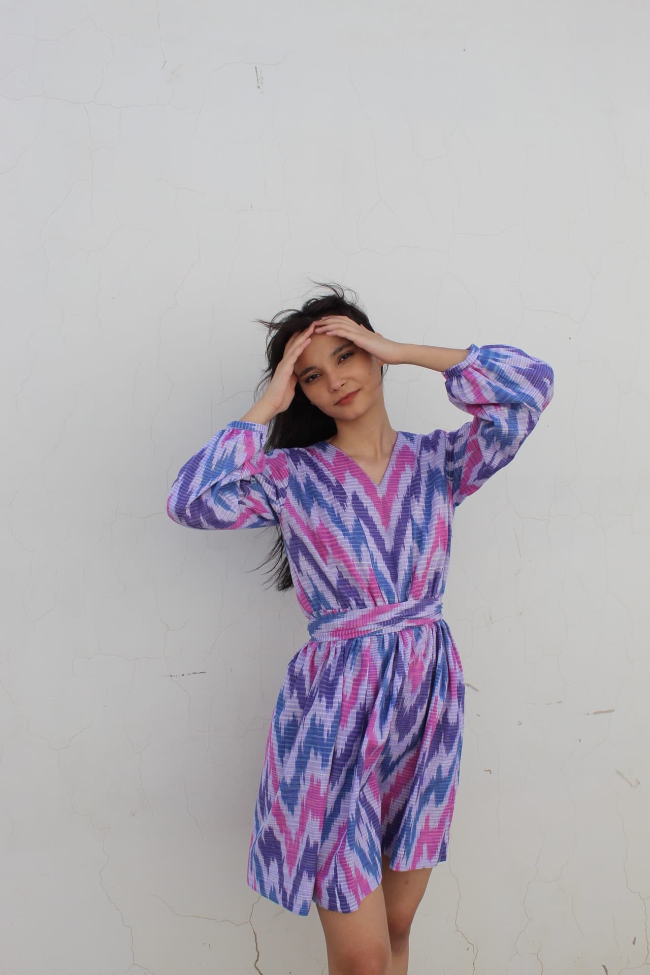 Handwoven Ikat Summer Dress – V-Neck, A-Line, Belt - Image 2