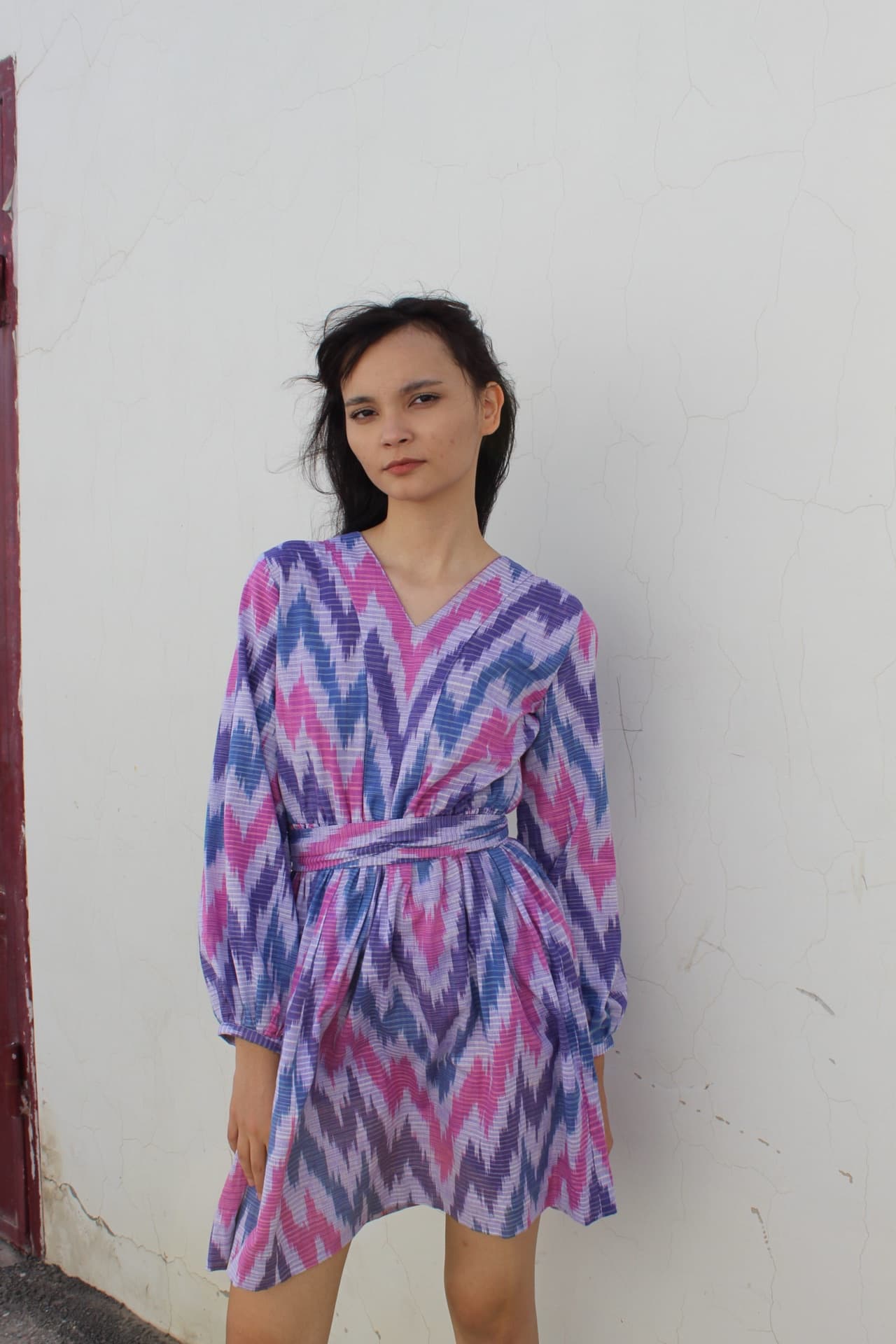 Handwoven Ikat Summer Dress – V-Neck, A-Line, Belt - Image 3