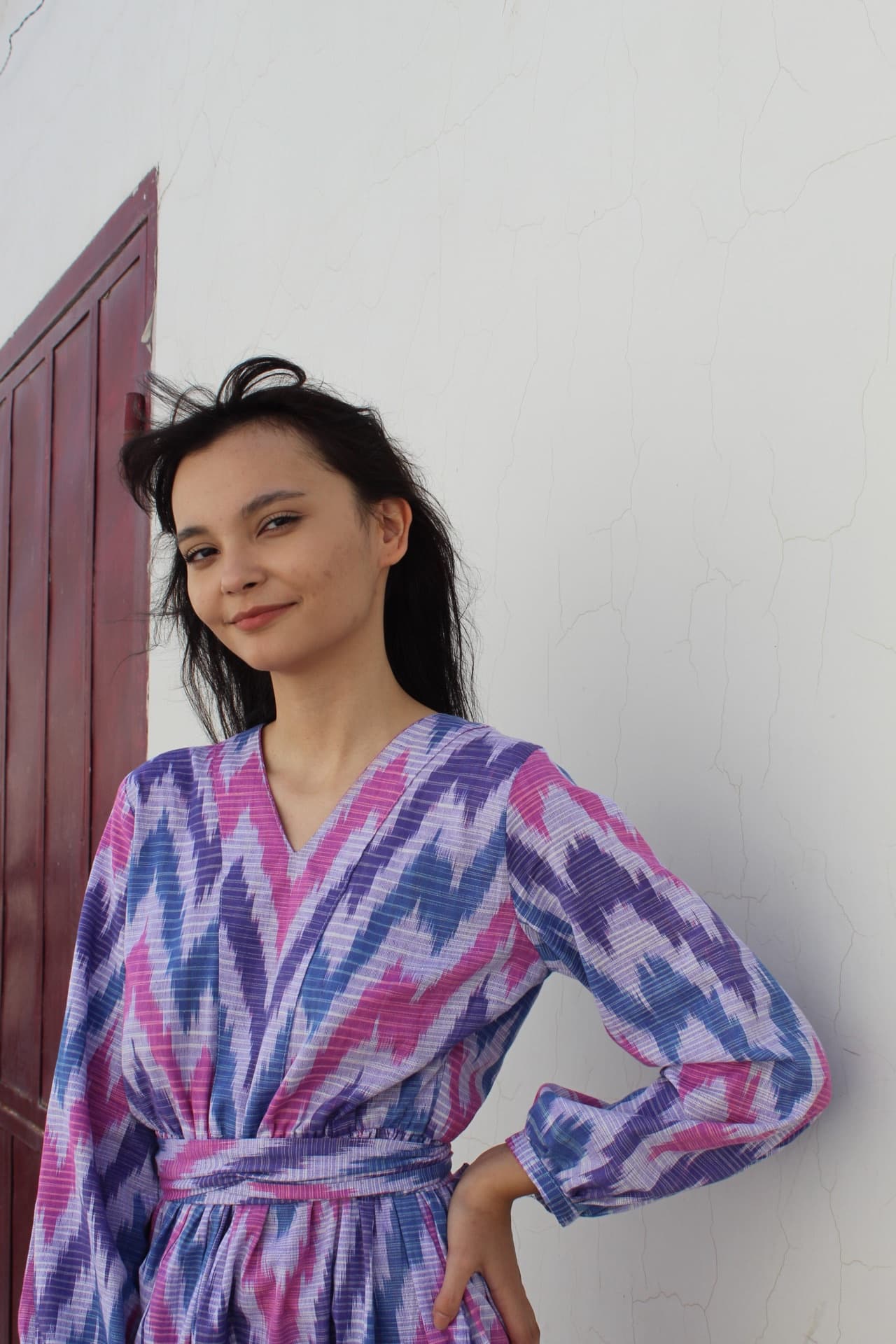 Handwoven Ikat Summer Dress – V-Neck, A-Line, Belt - Image 4