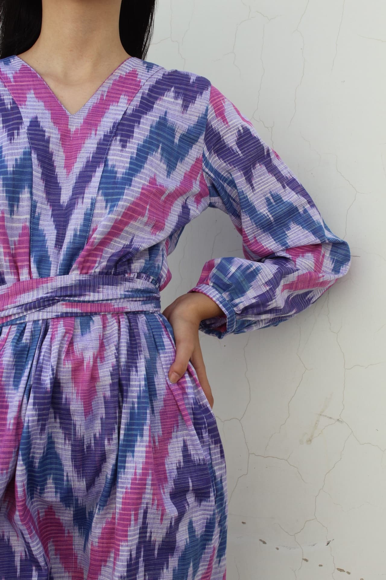 Handwoven Ikat Summer Dress – V-Neck, A-Line, Belt - Image 1