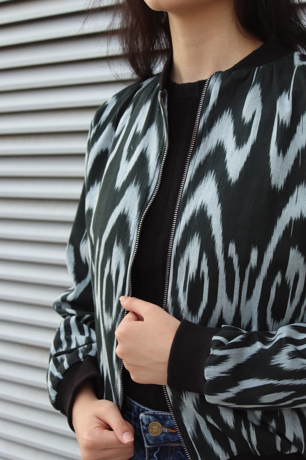 Ikat Bomber Jacket – Handwoven Cotton Adras - Image 2